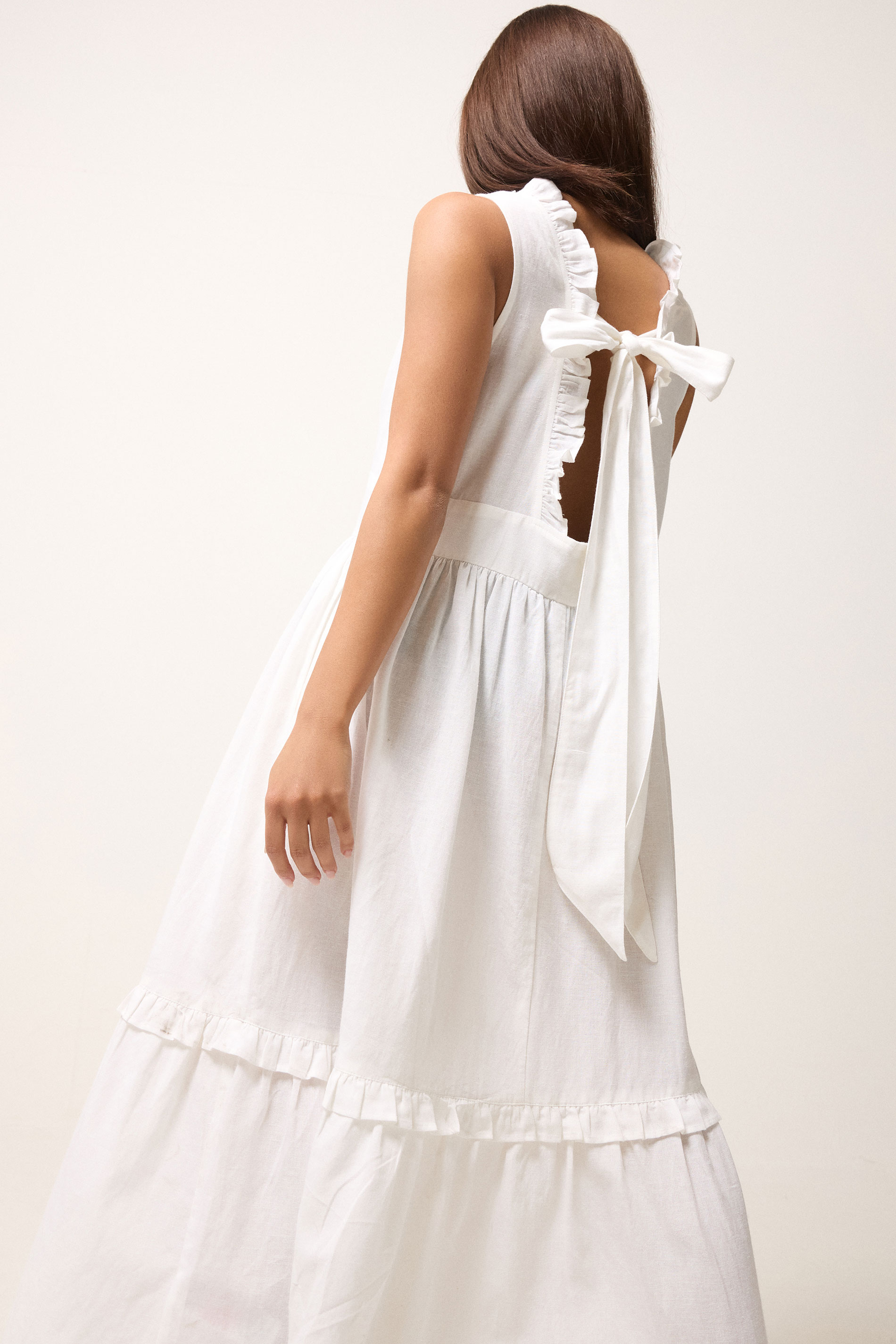 PixieGirl Petite Women's White Ruffle Tie Back Midi Dress | PixieGirl 6