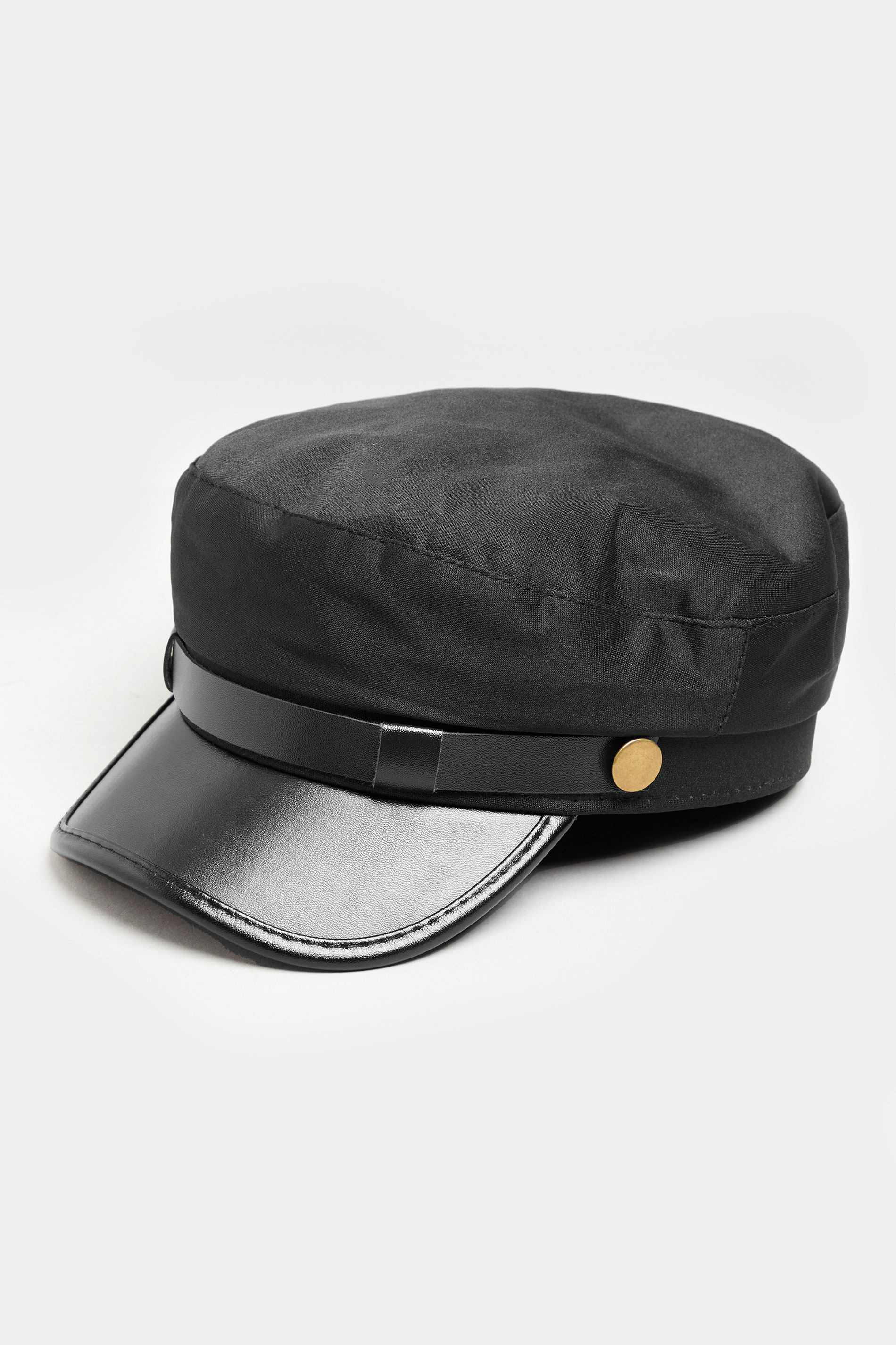 Black Faux Leather Peak Baker Boy Hat 1