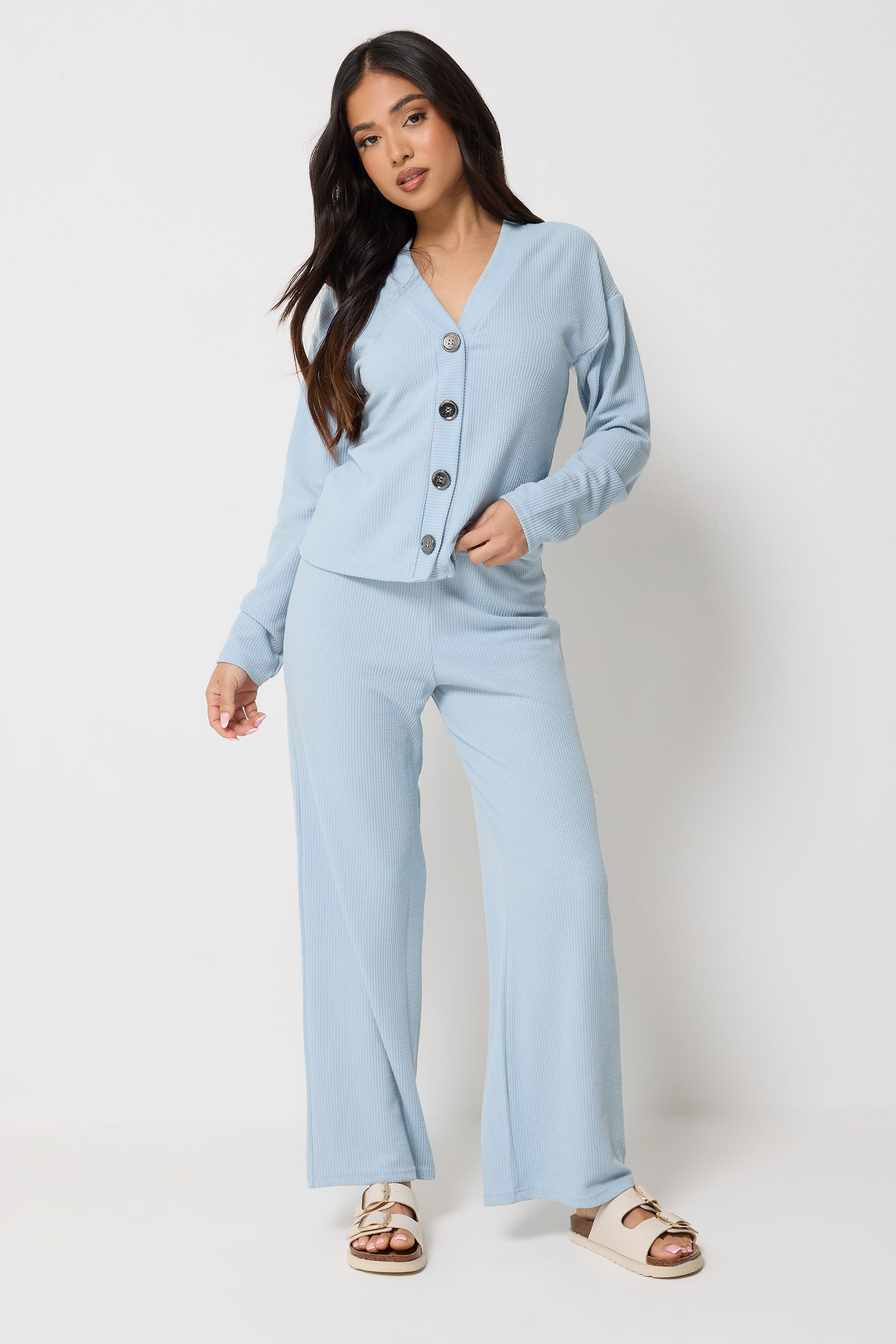 PixieGirl Petite Women's Light Blue Ribbed Wide Leg Trousers | PixieGirl 3