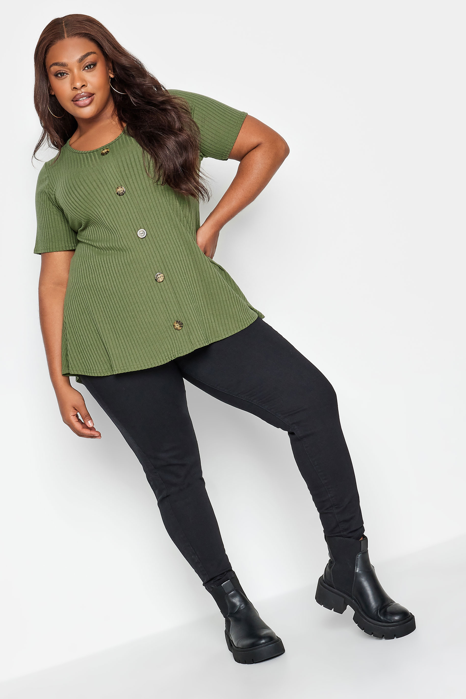 LIMITED COLLECTION Plus Size Curve Dark Green Ribbed Swing Top | Yours Clothing  2
