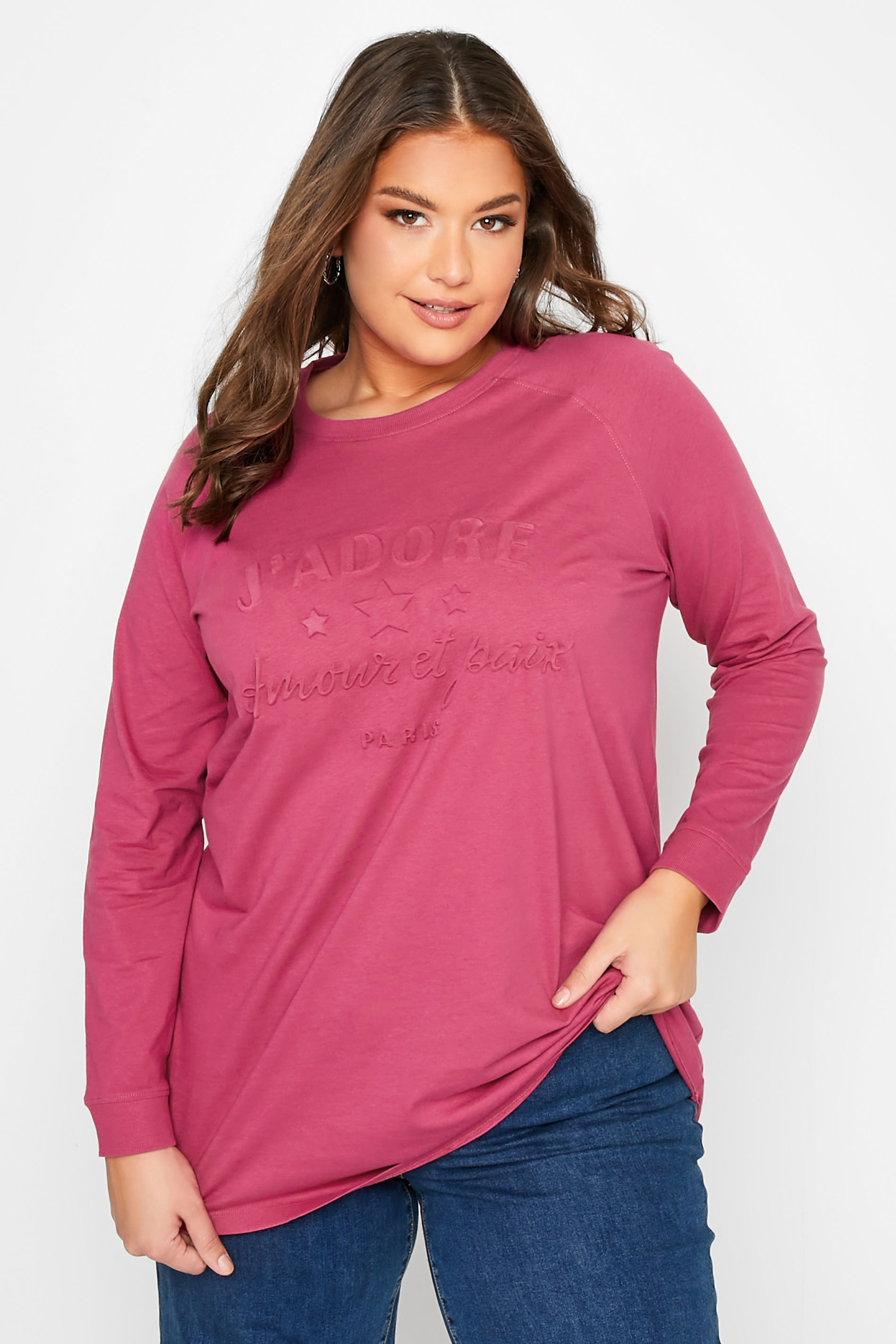 Plus Size Pink 'J'adore' Embossed Raglan T-Shirt | Yours Clothing 1