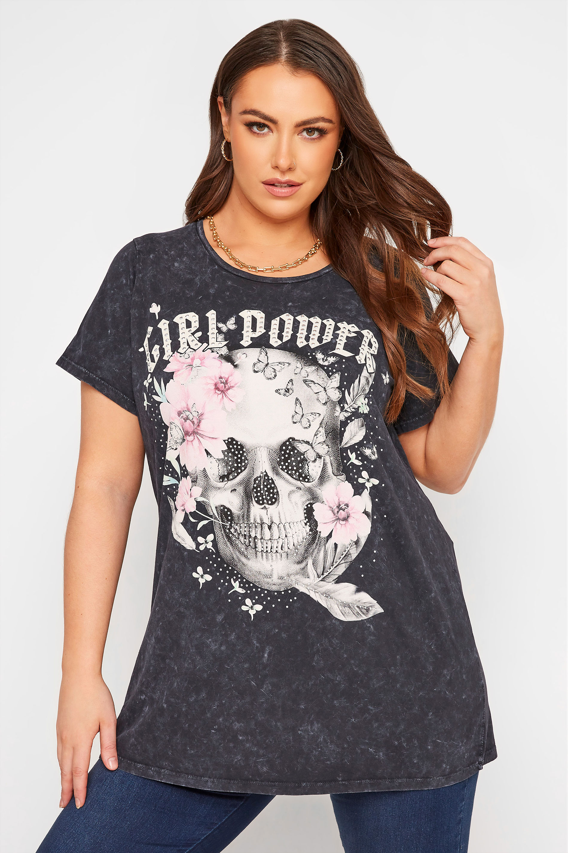 Curve Black Acid Wash 'Girl Power' Slogan Graphic T-Shirt 1