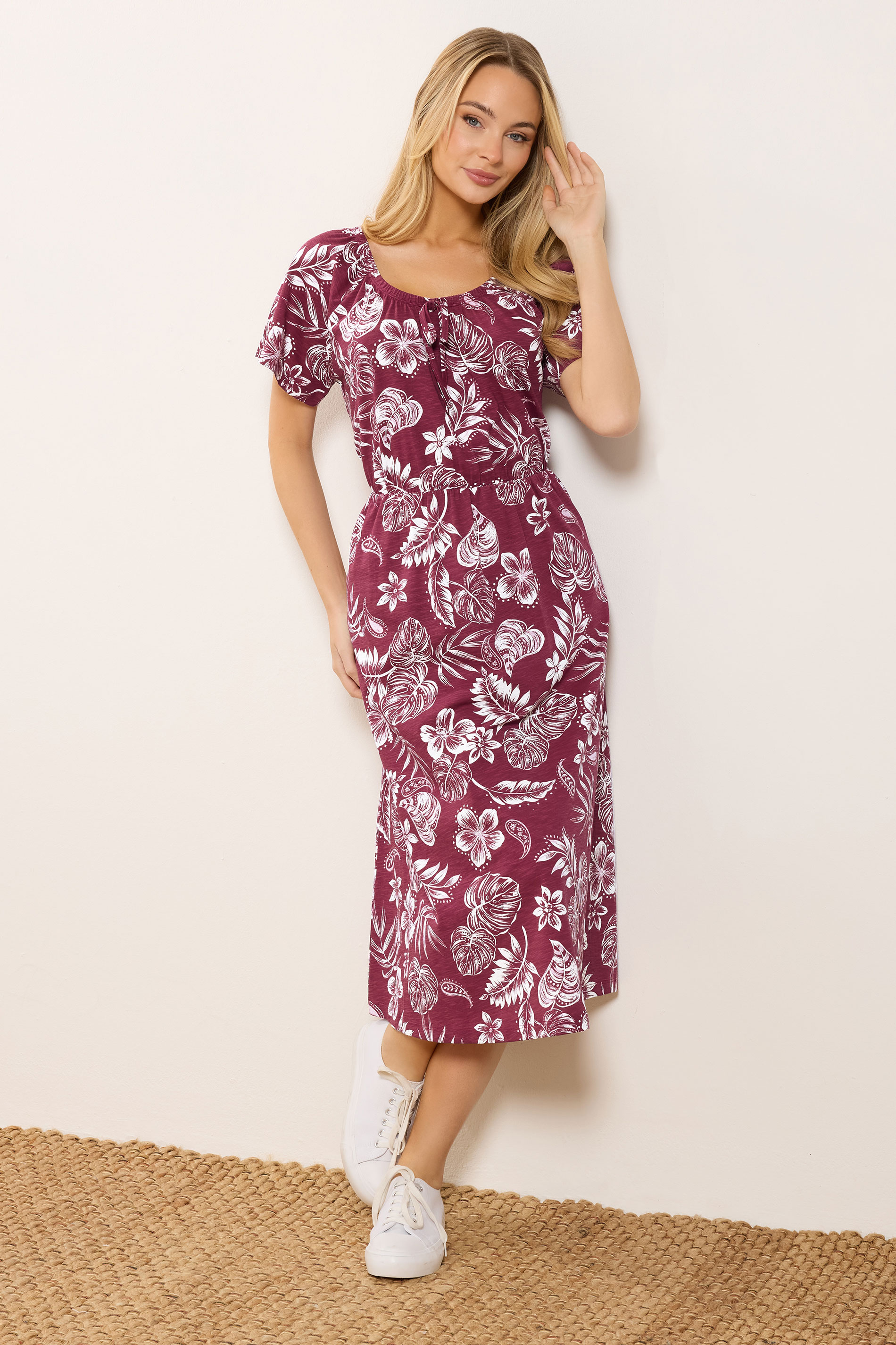 M&Co Berry Red Floral Tie Neck Cotton Midi Dress | M&Co 3