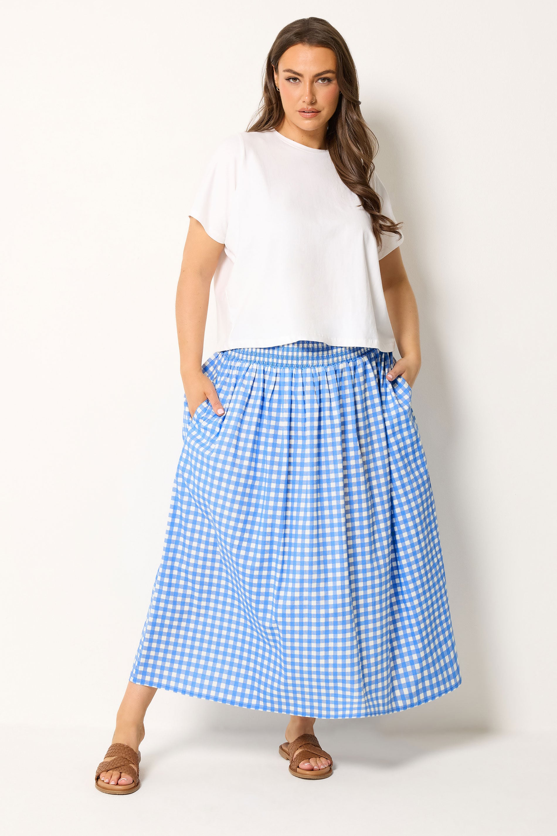 YOURS Plus Size Blue Gingham Maxi Skirt | Yours Clothing 1