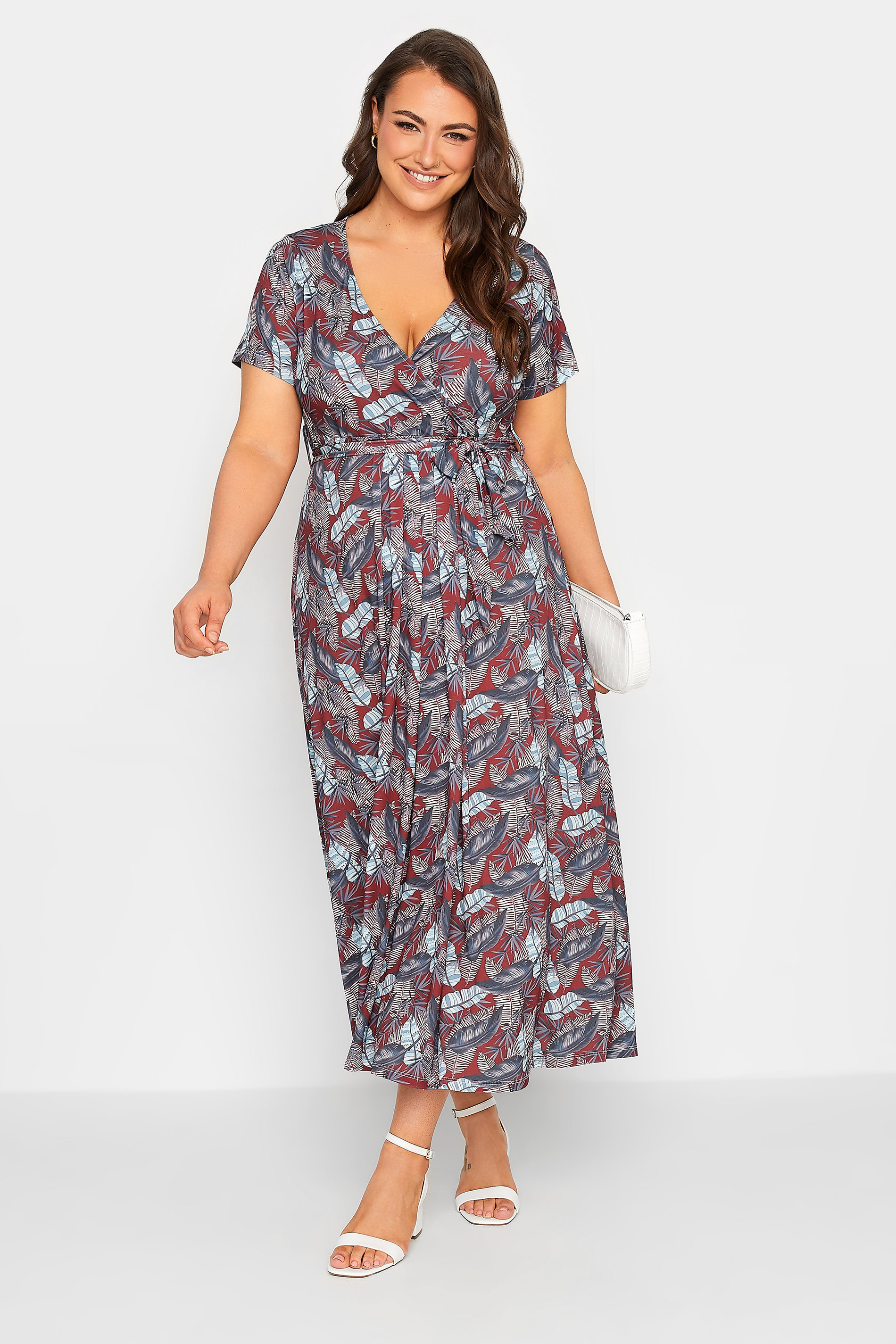 YOURS Curve Plus Size Red Leaf Print Maxi Wrap Dress | Yours Clothing  1