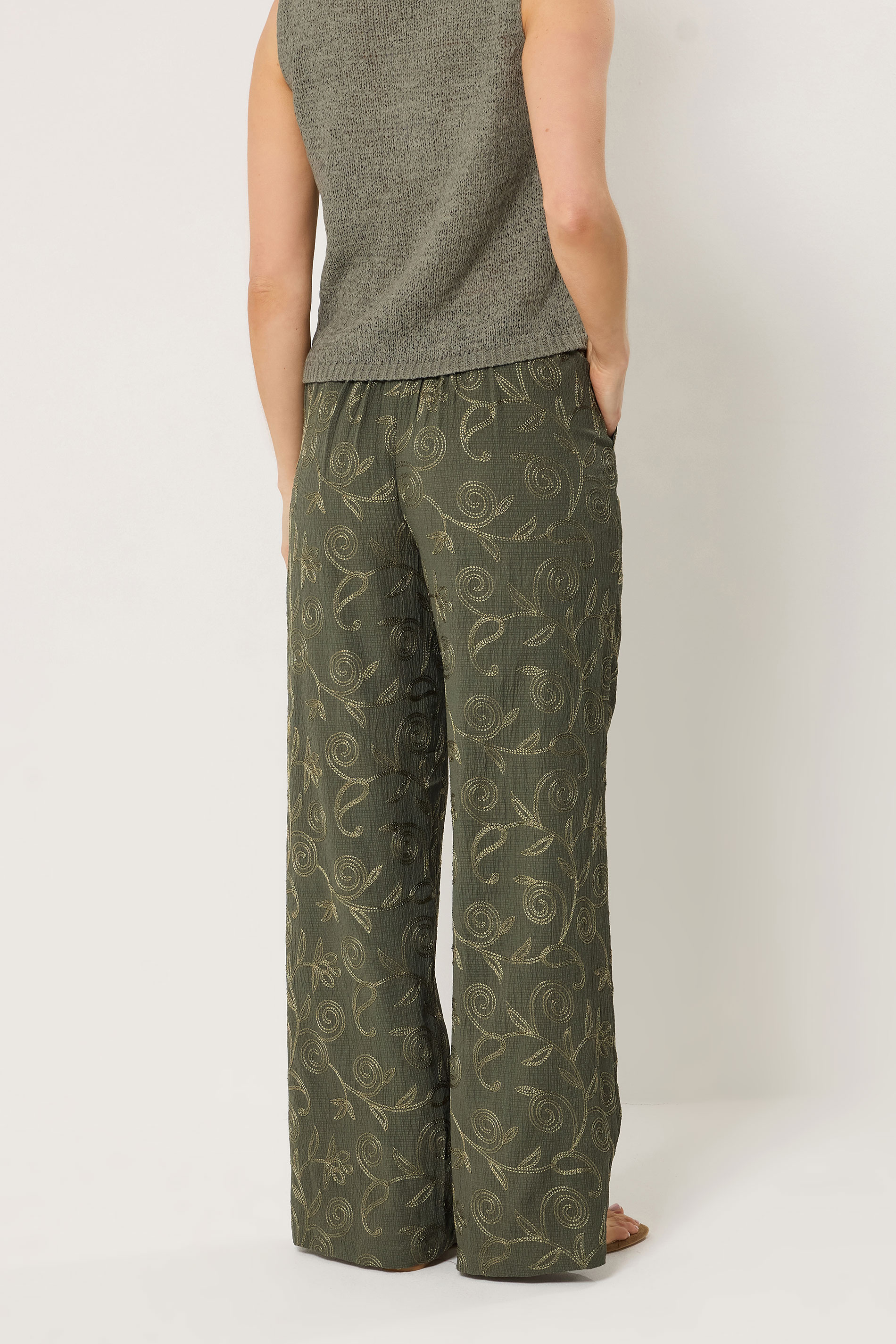 LTS Tall Women's Olive Green Floral Embroidered Wide Leg Trousers | Long Tall Sally 4