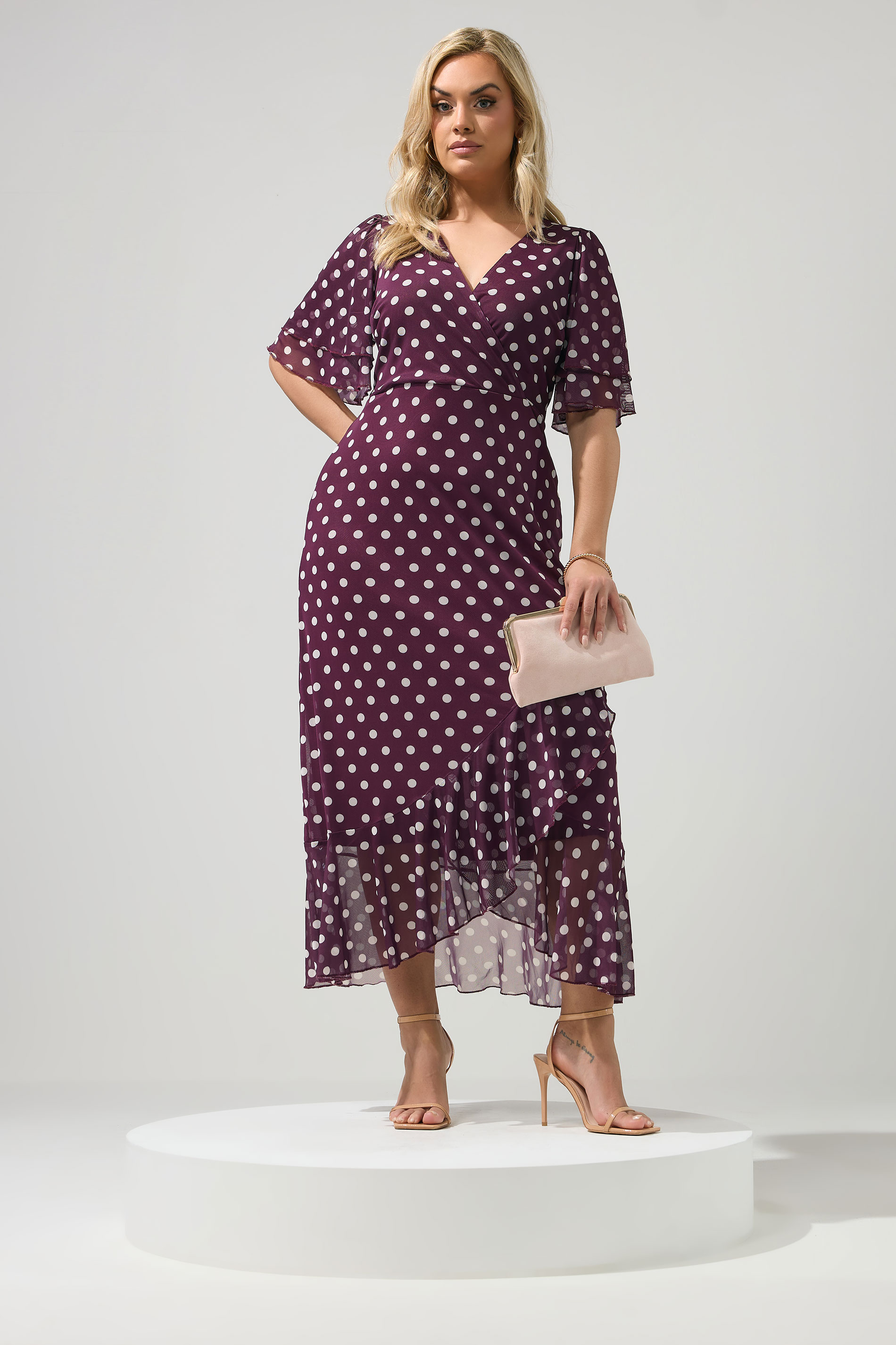 YOURS LONDON Plus Size Burgundy Red Polka Dot Wrap Dress | Yours Clothing 4