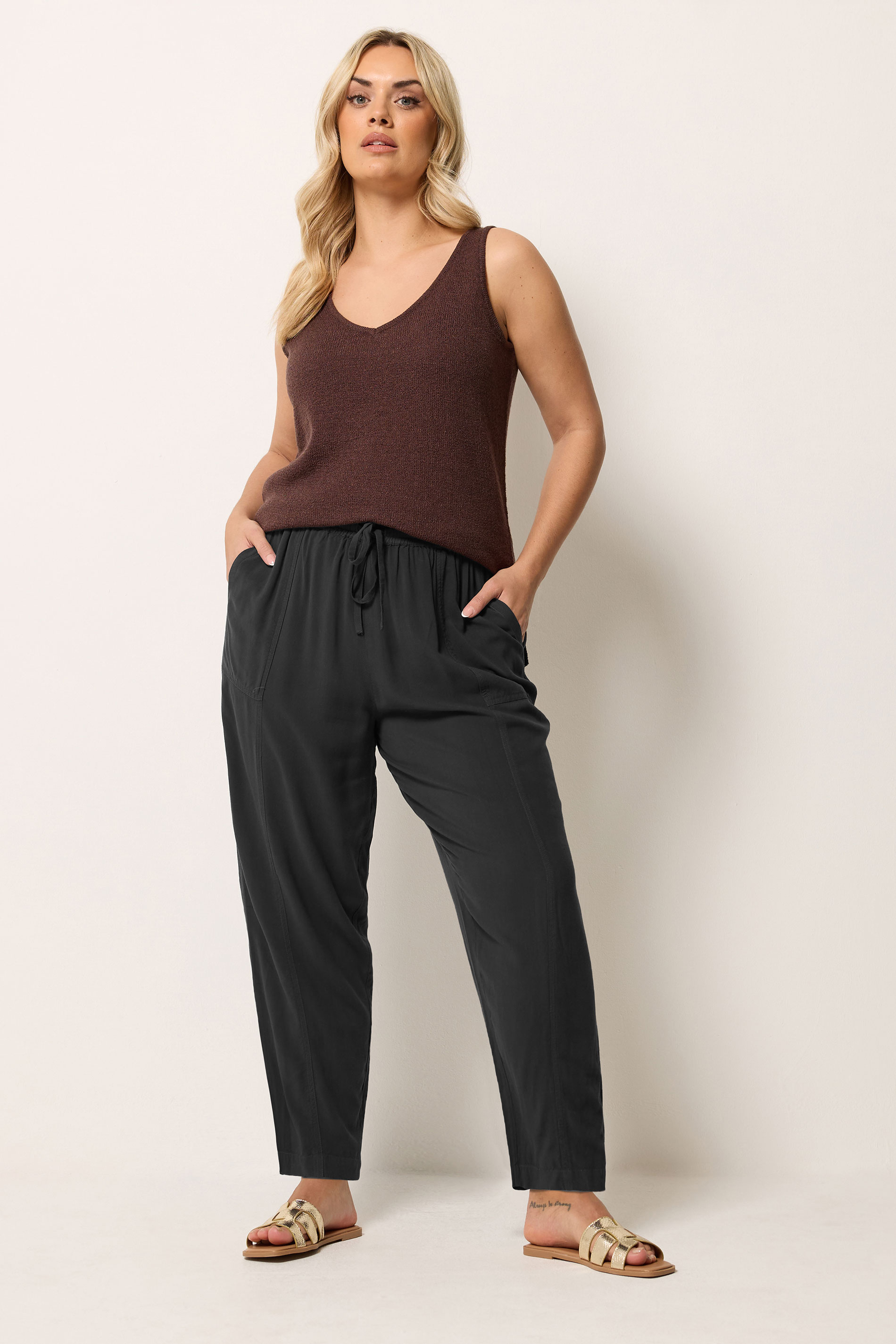 YOURS Plus Size Black Chambray Barrel Trousers | Yours Clothing 1
