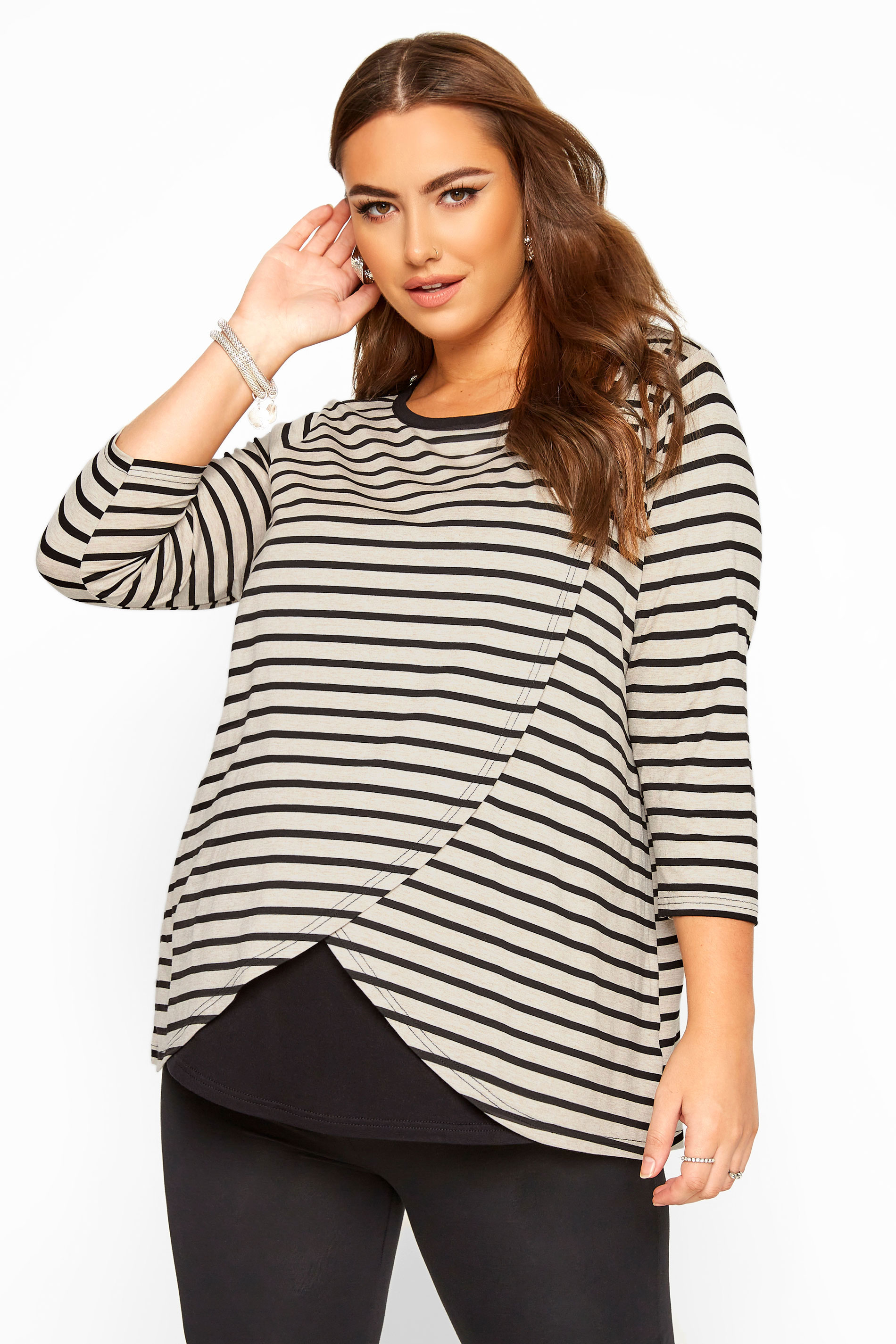 BUMP IT UP MATERNITY Stone & Black Stripe Nursing Top | Yours Clothing