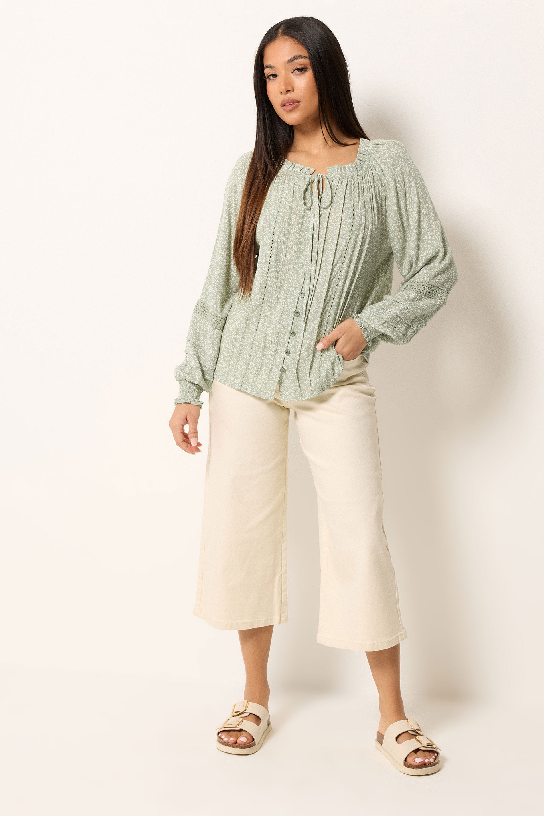 M&Co Petite Sage Green Floral Trim Detail Tie Neck Blouse | M&Co 1