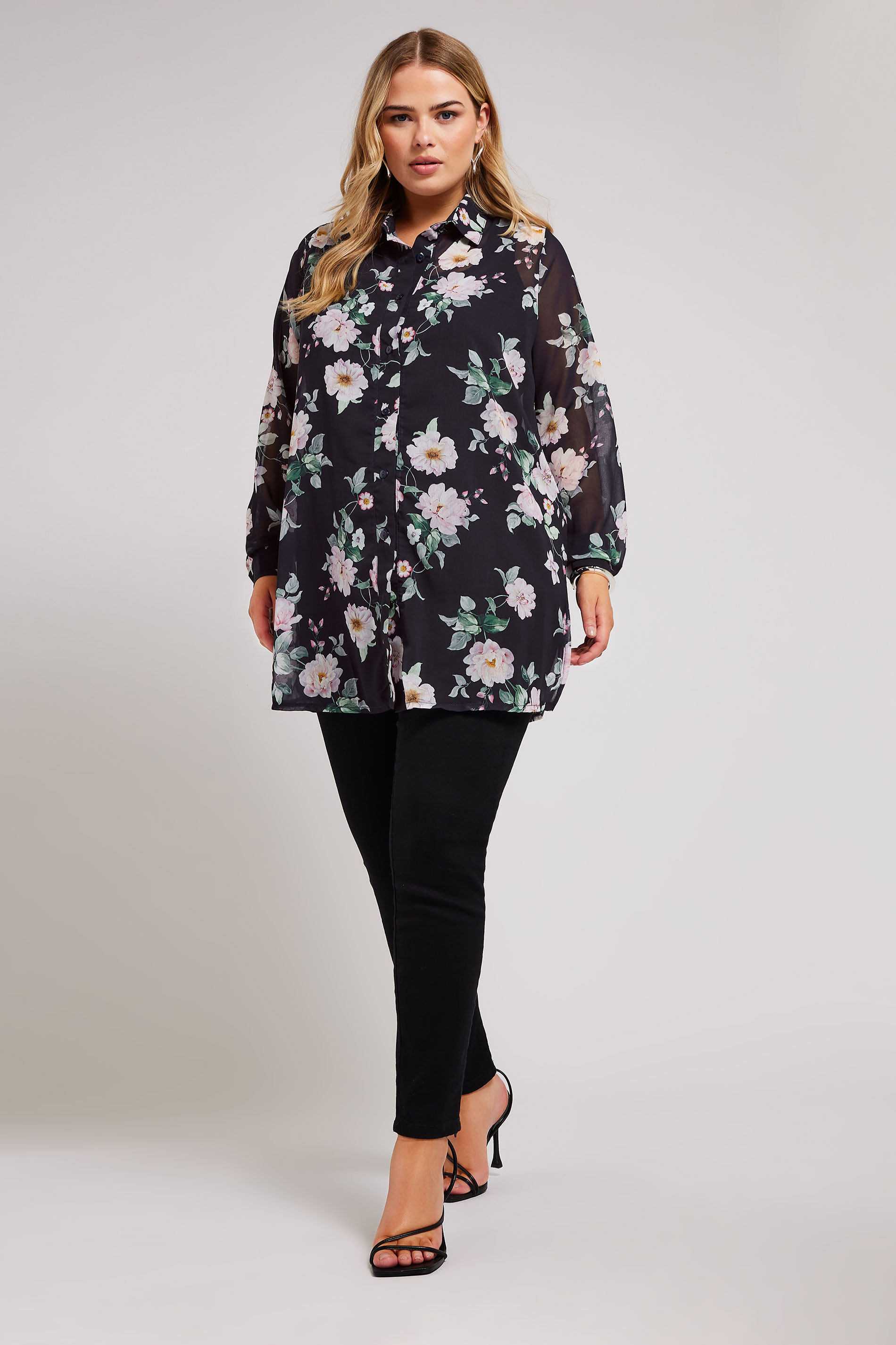 YOURS LONDON Plus Size Black Floral Mesh Longline Shirt | Yours Clothing 2