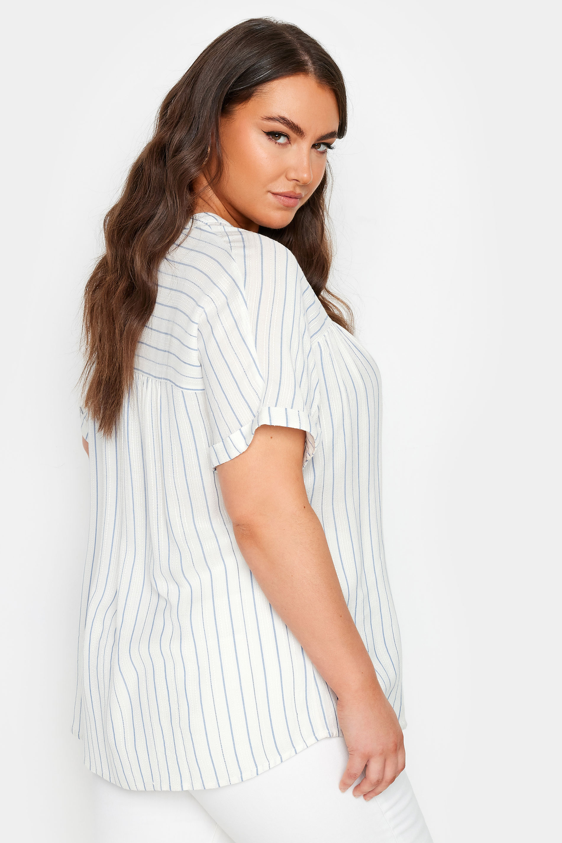 YOURS Plus Size White & Navy Blue Stripe Notch Neck Blouse | Yours Clothing 3