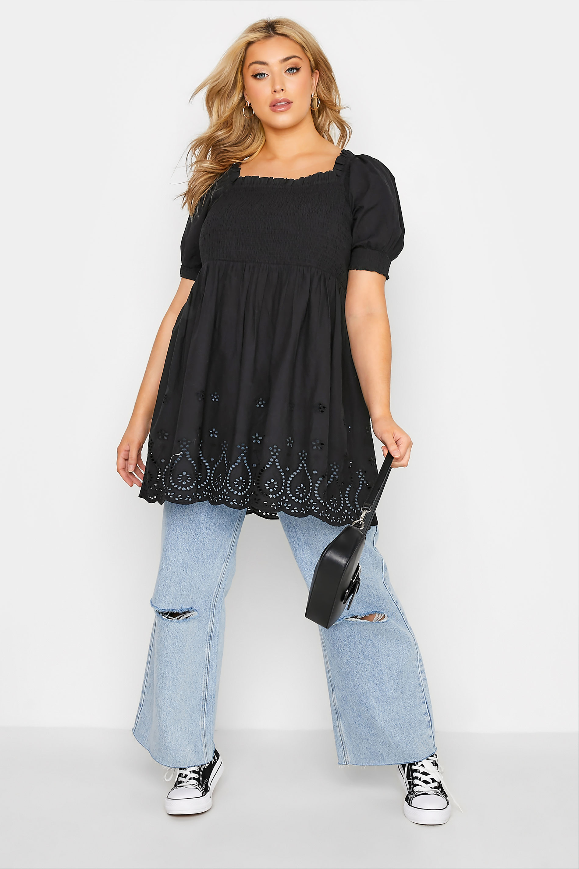 Grande taille  Tops Grande taille  Tops Casual | Top Noir Broderie Anglaise Manches Courtes - CK85562