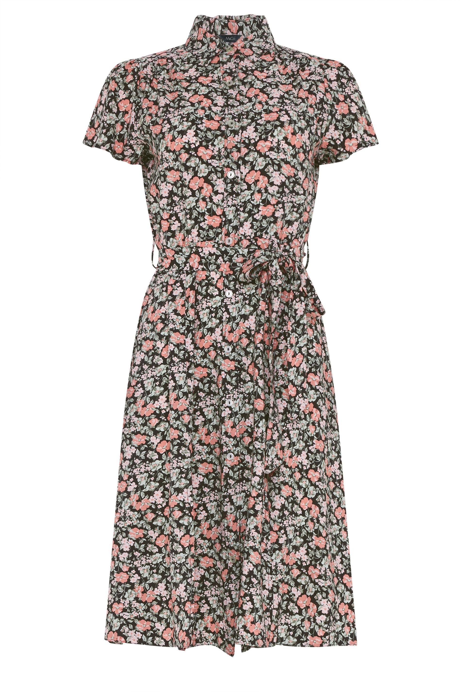 M&Co Black & Pink Floral Tie Waist Shirt Dress | M&Co 6