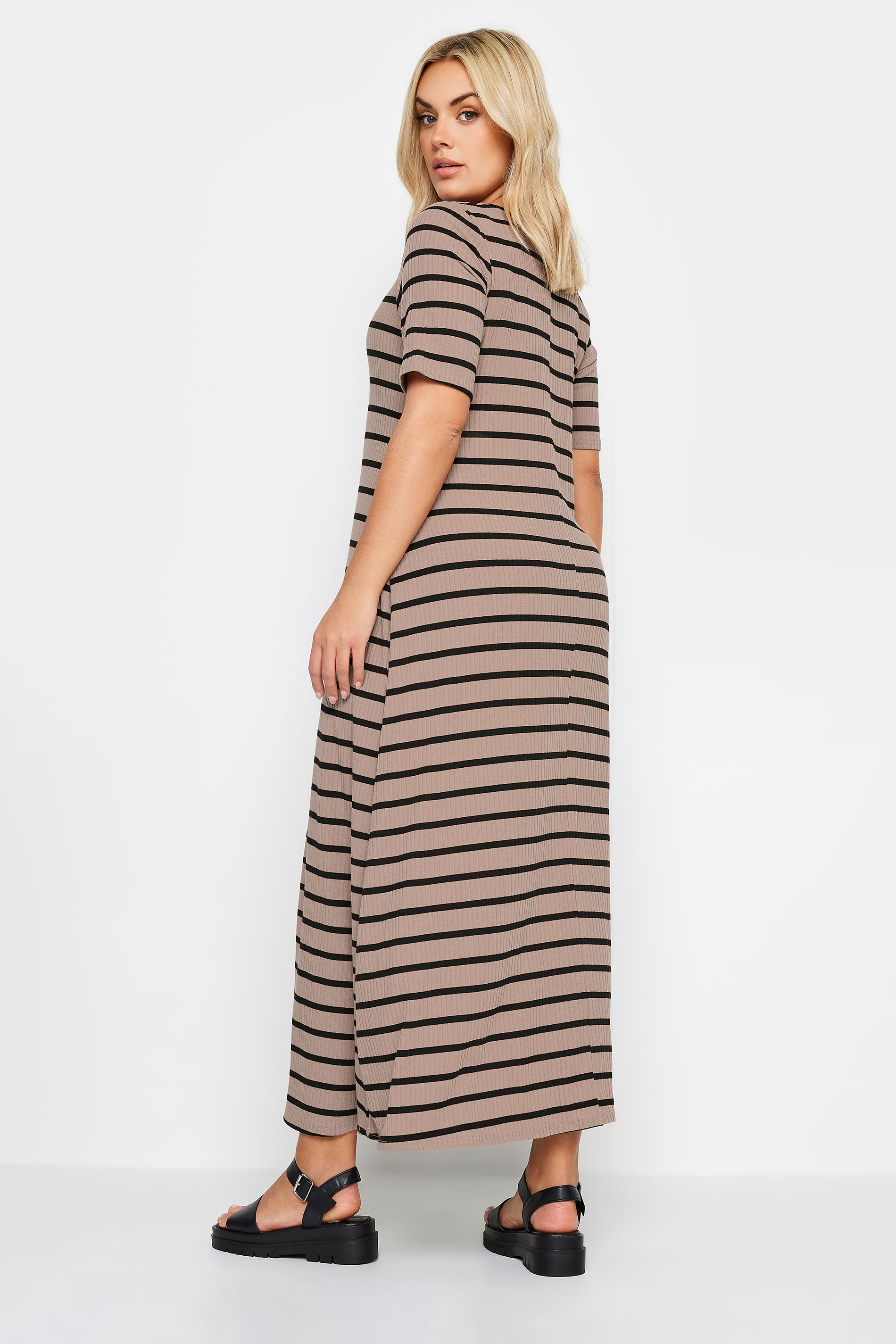 YOURS Plus Size Mocha Brown Striped Swing Maxi Dress | Yours Clothing 3