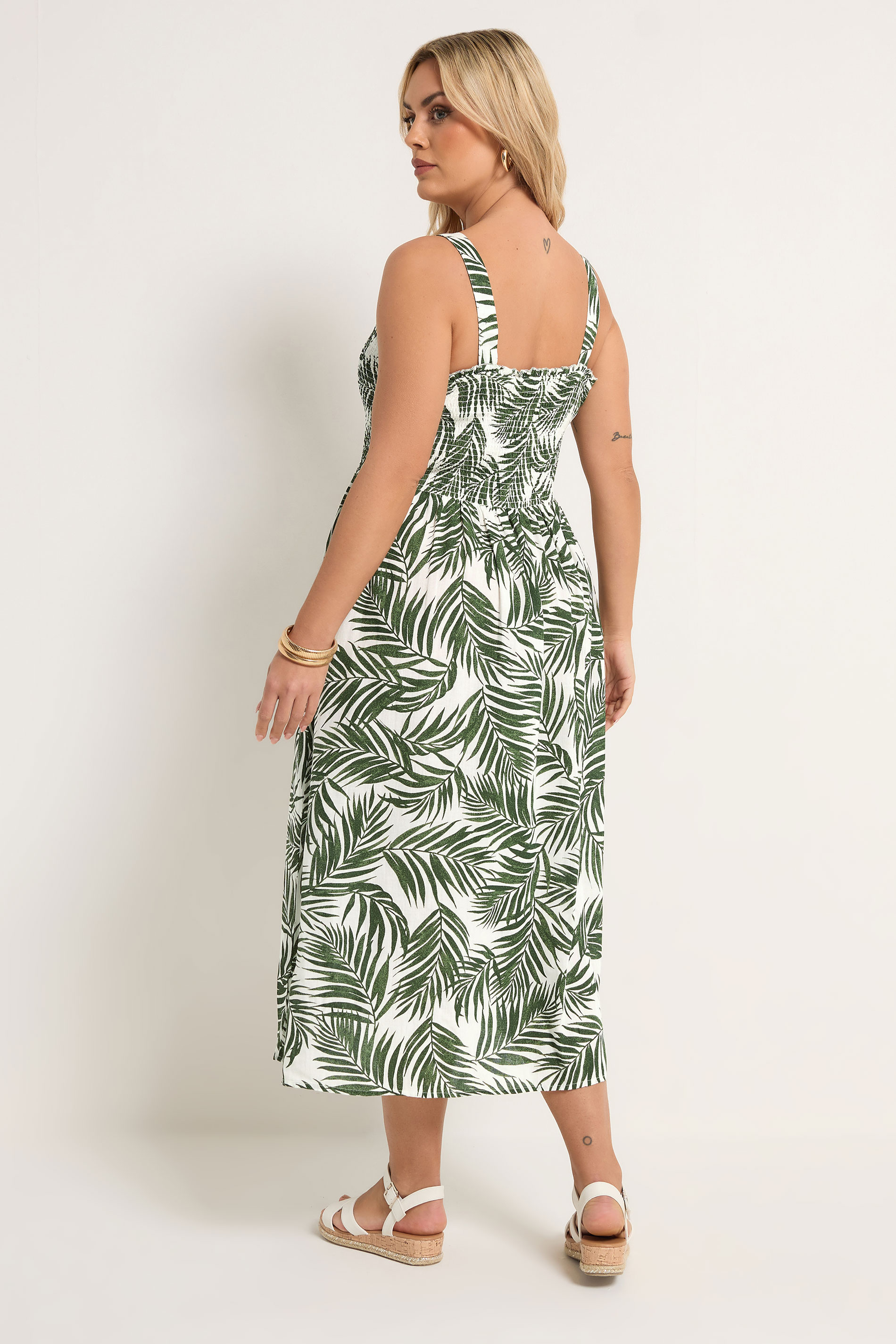 YOURS Plus Size Green Palm Leaf Shirred Linen Maxi Dress | Yours Clothing 2