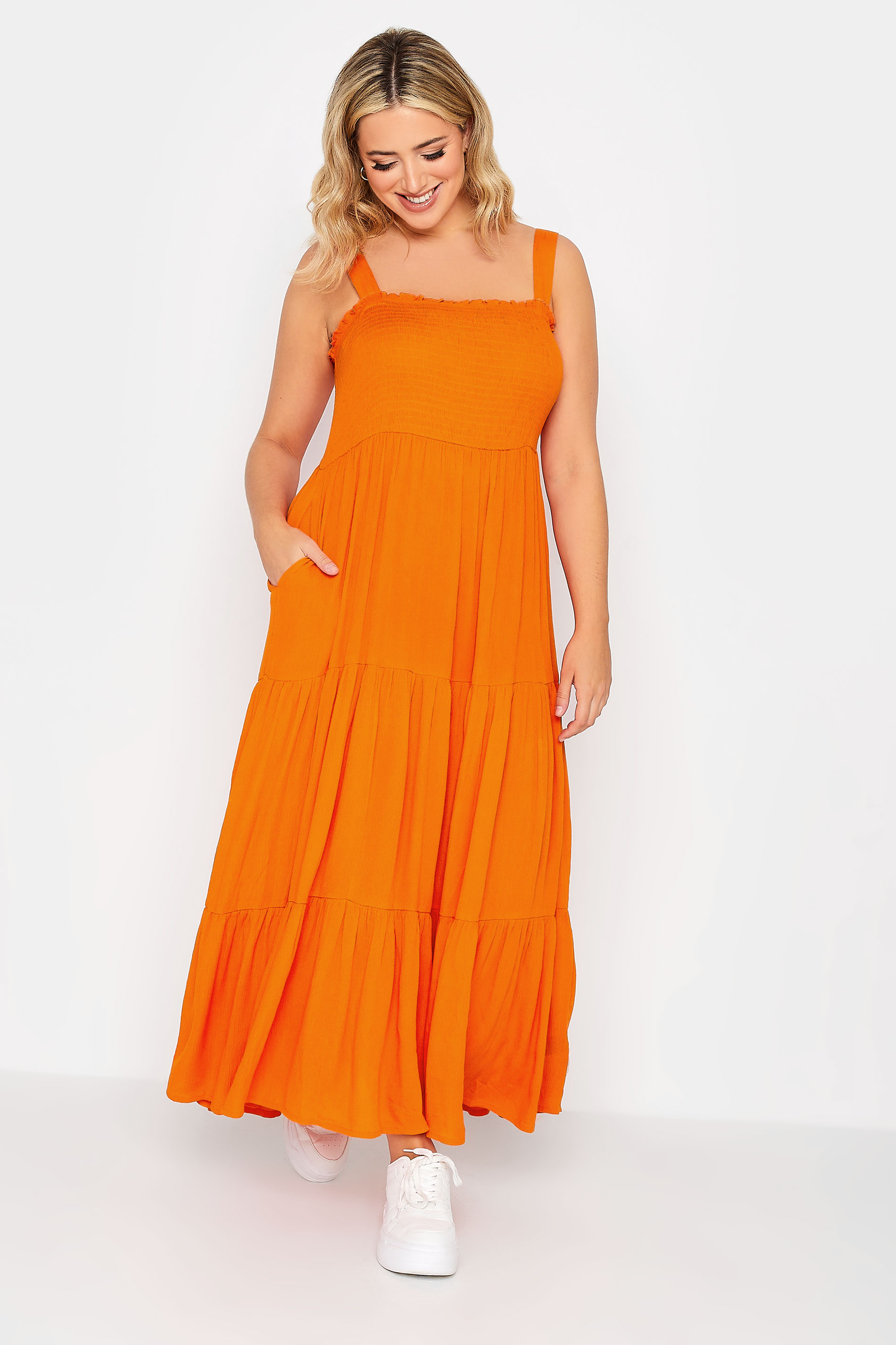 YOURS Plus Size Orange Shirred Strappy Sundress | Yours Clothing  3