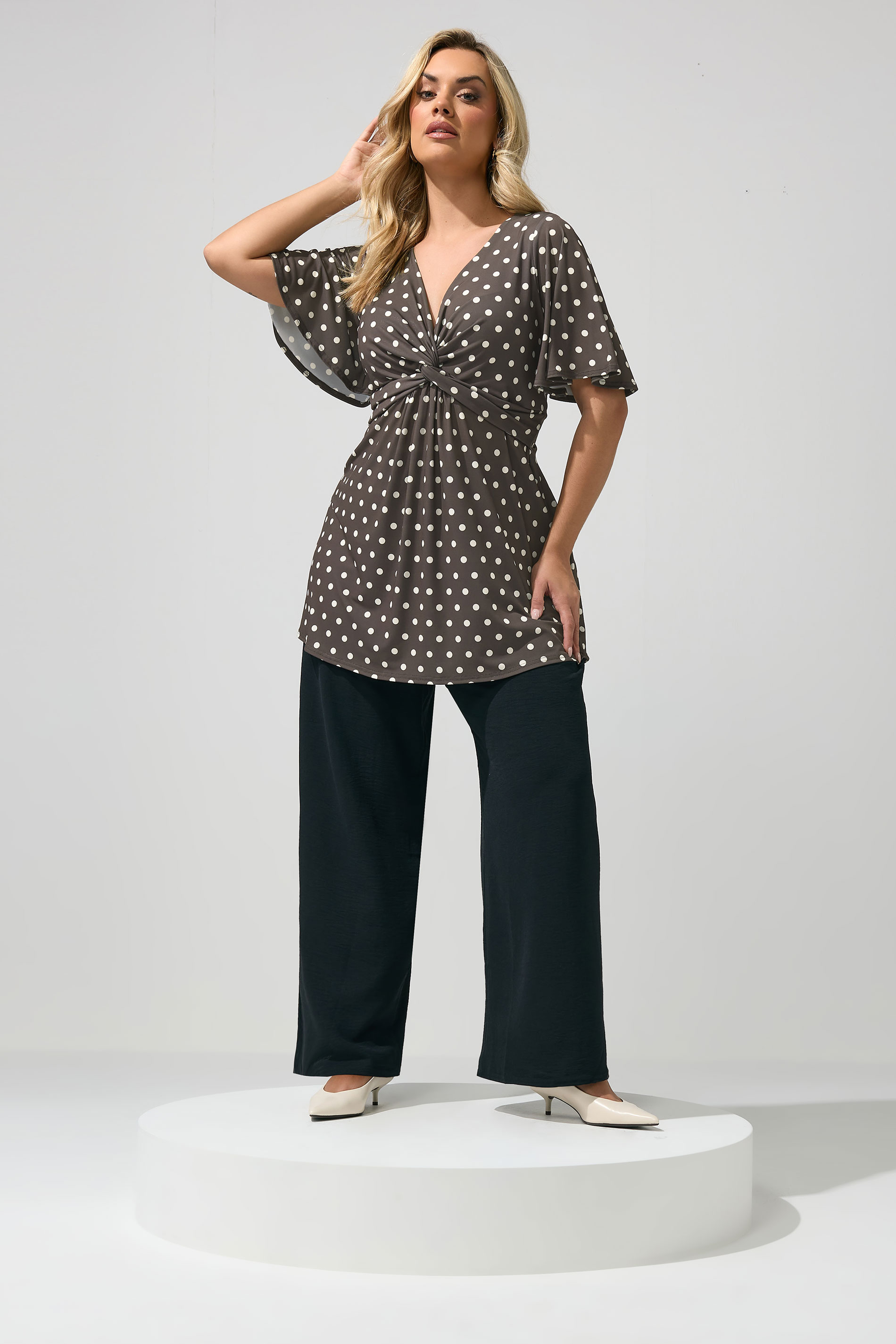 YOURS LONDON Plus Size Chocolate Brown Polka Dot Knot Front Top | Yours Clothing 1