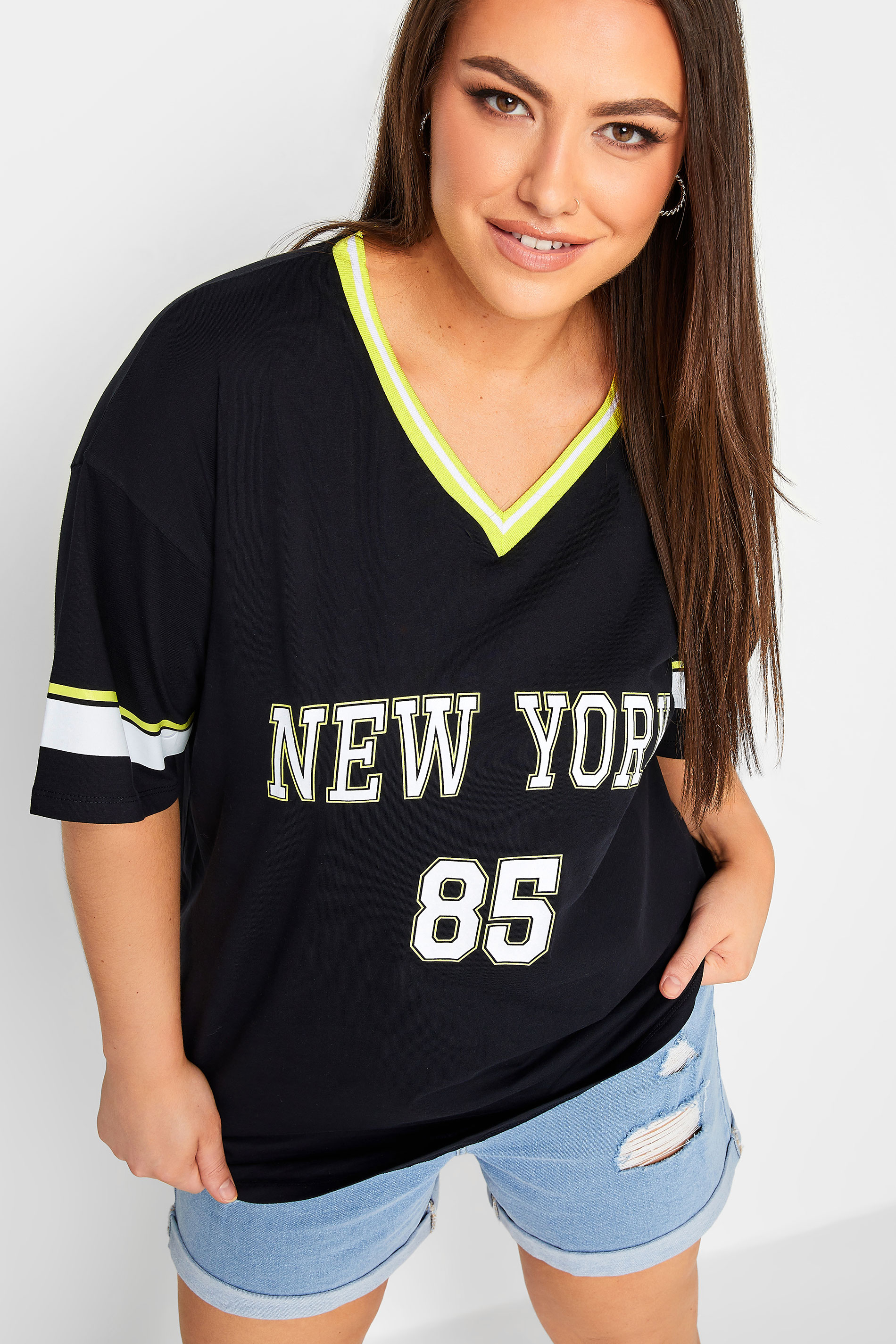 YOURS Curve Black and Yellow 'New York' Slogan Varsity Tunic Top