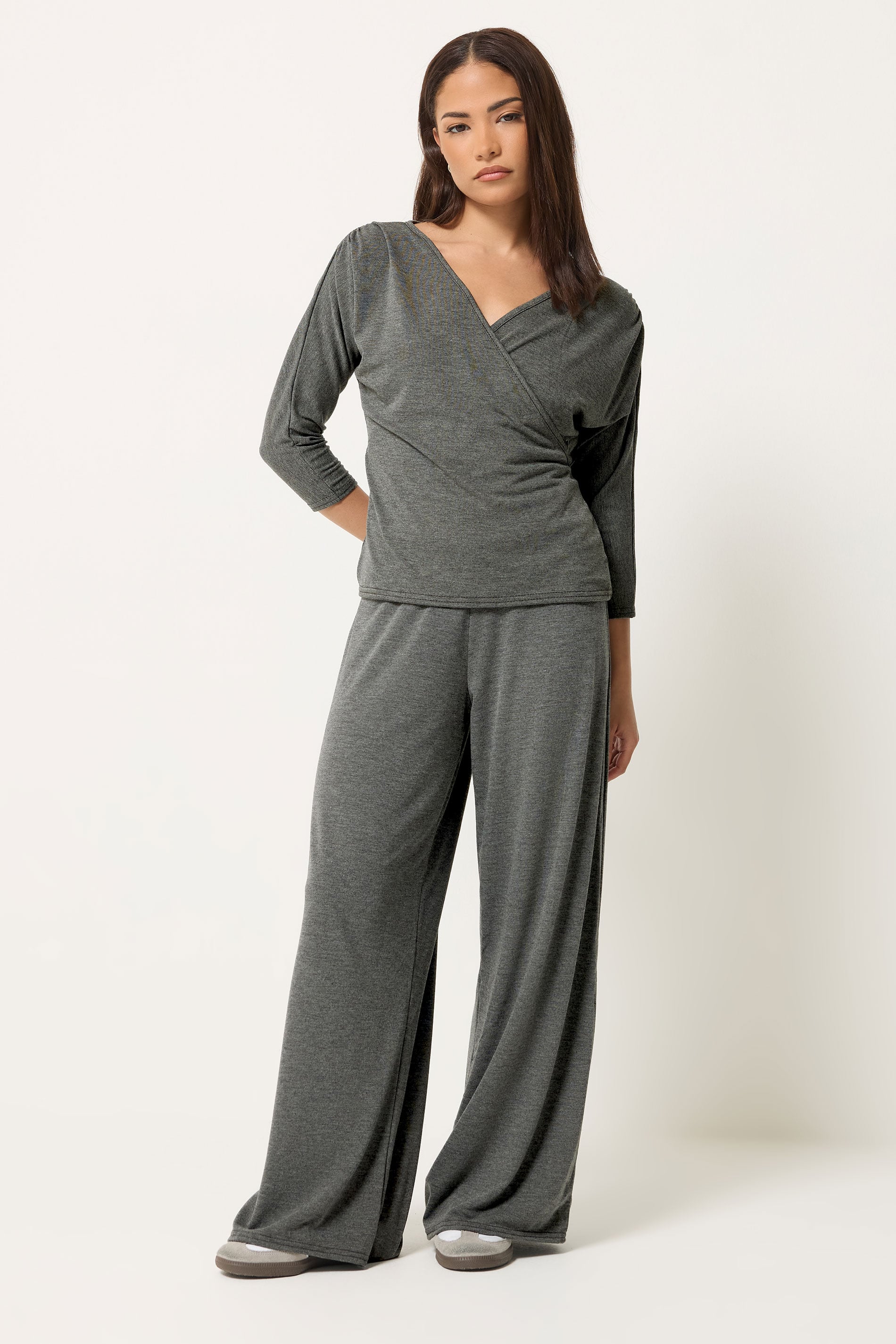 PixieGirl Petite Women's Set Grey Wrap Top & Wide Leg Trousers | PixieGirl 1