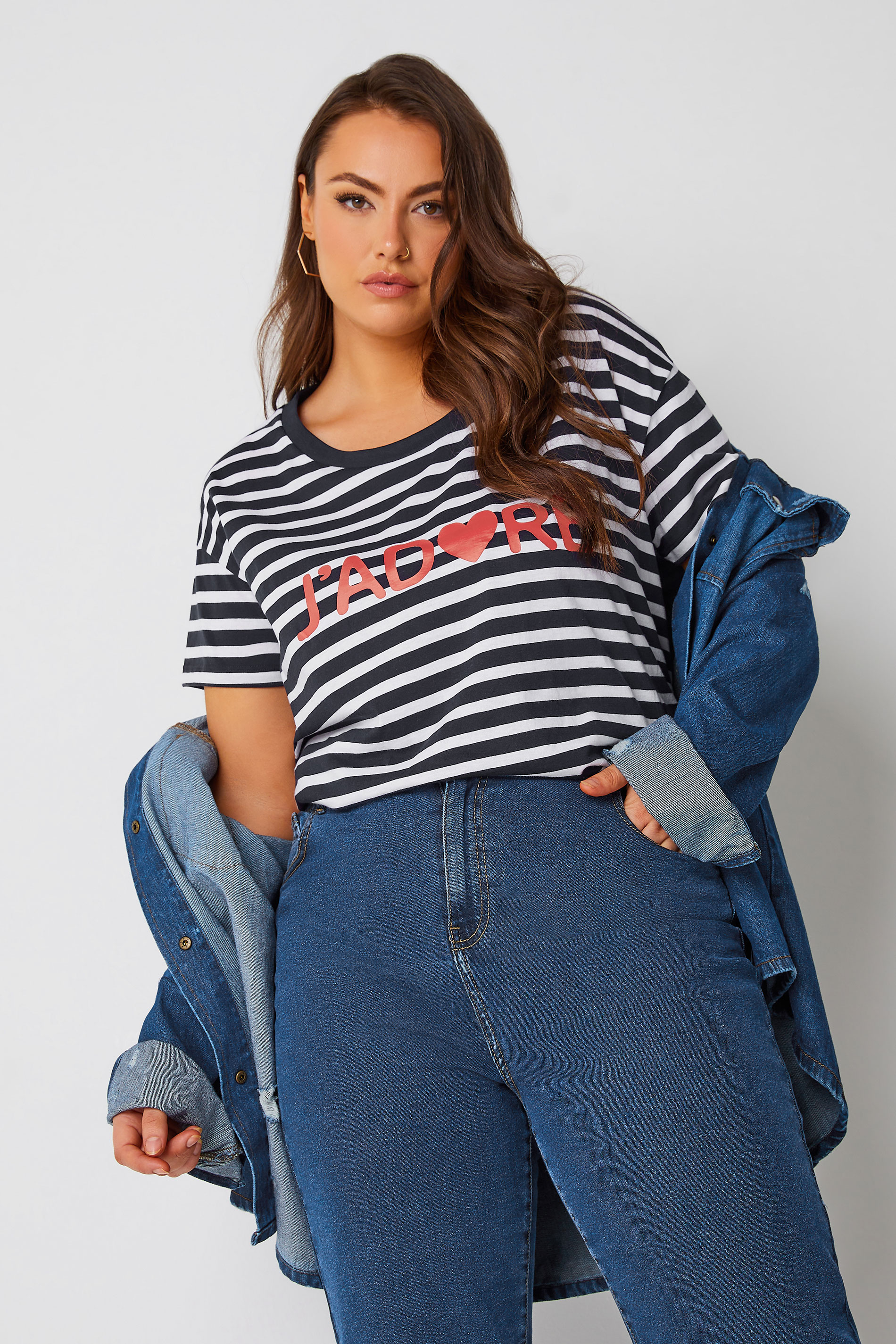 YOURS Plus Size Navy Blue Stripe 'J'adore' T-Shirt | Yours Clothing 1