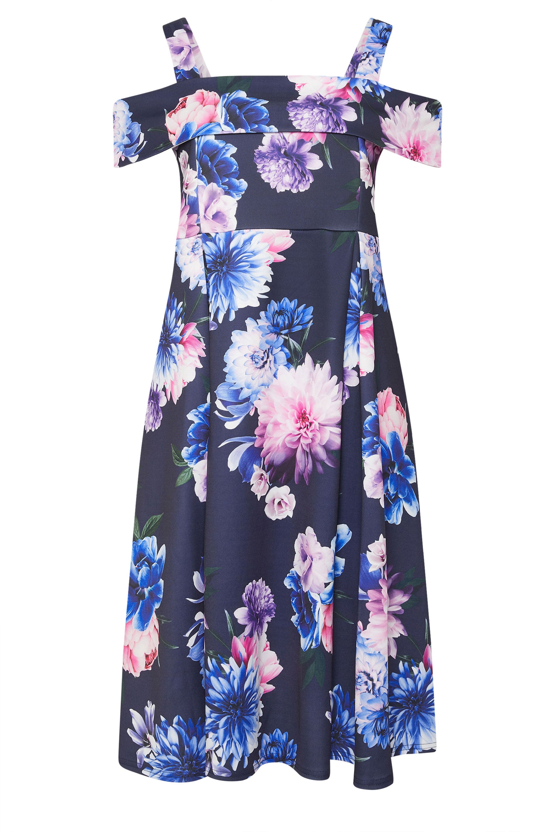 YOURS LONDON Plus Size Navy Blue Cold Shoulder Floral Skater Dress | Yours Clothing 5