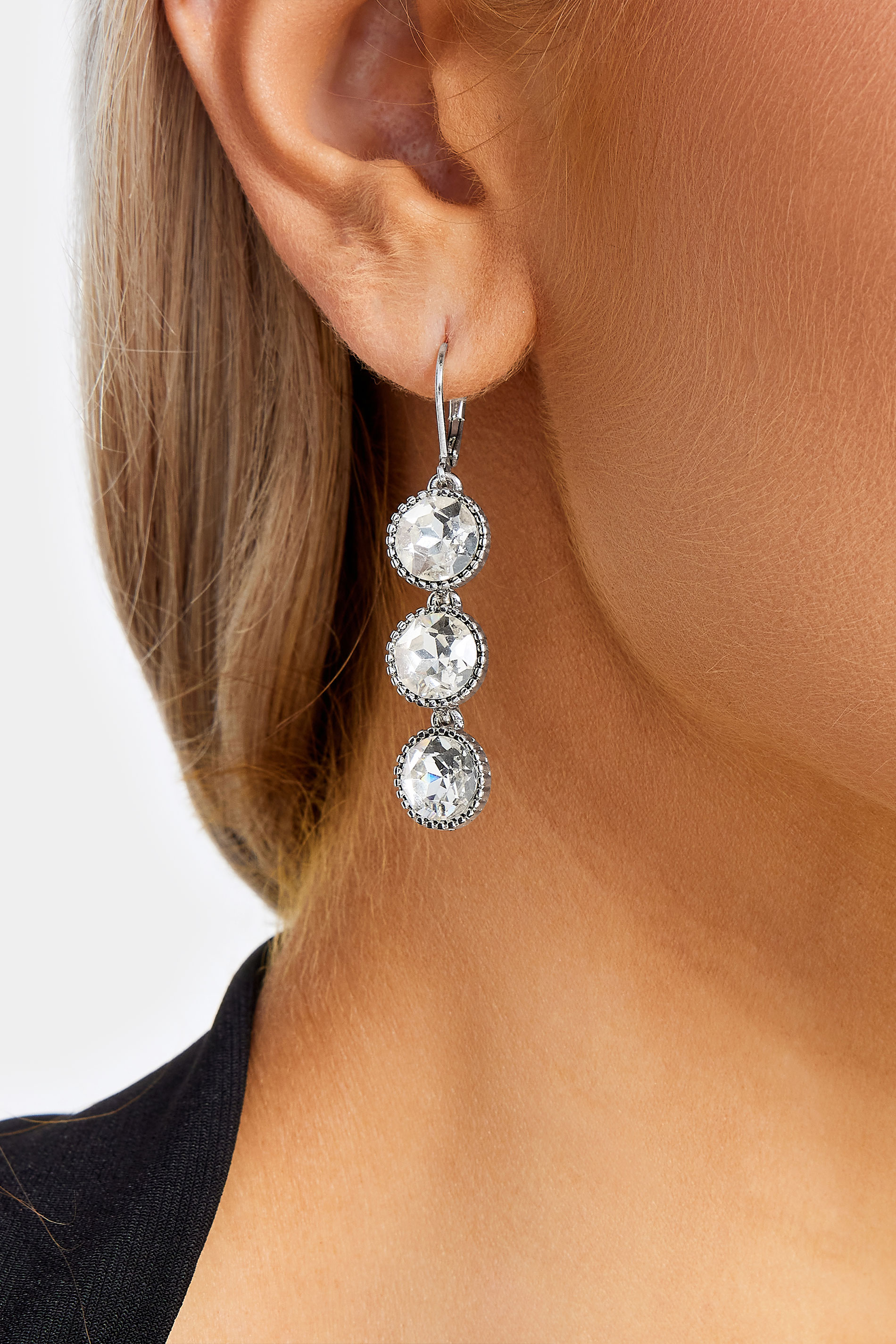Silver Tone Triple Diamante Drop Earrings | Yours Clothing 1
