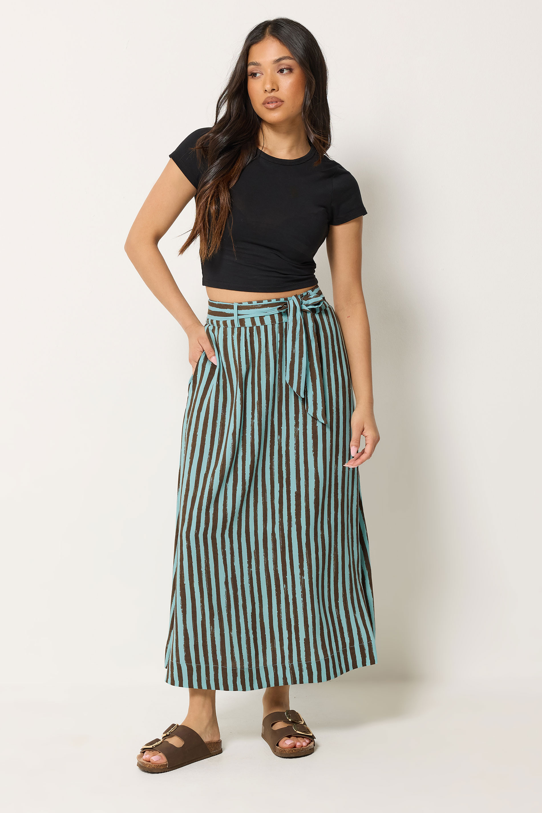 PixieGirl Petite Women's Brown Stripe Belted Maxi Skirt | PixieGirl 1