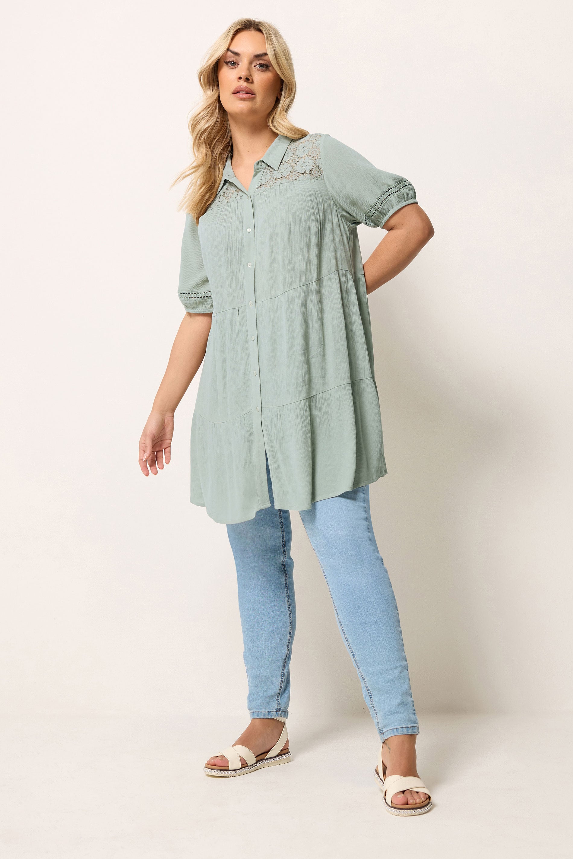 YOURS Plus Size Sage Green Tiered Shirt | Yours Clothing 1