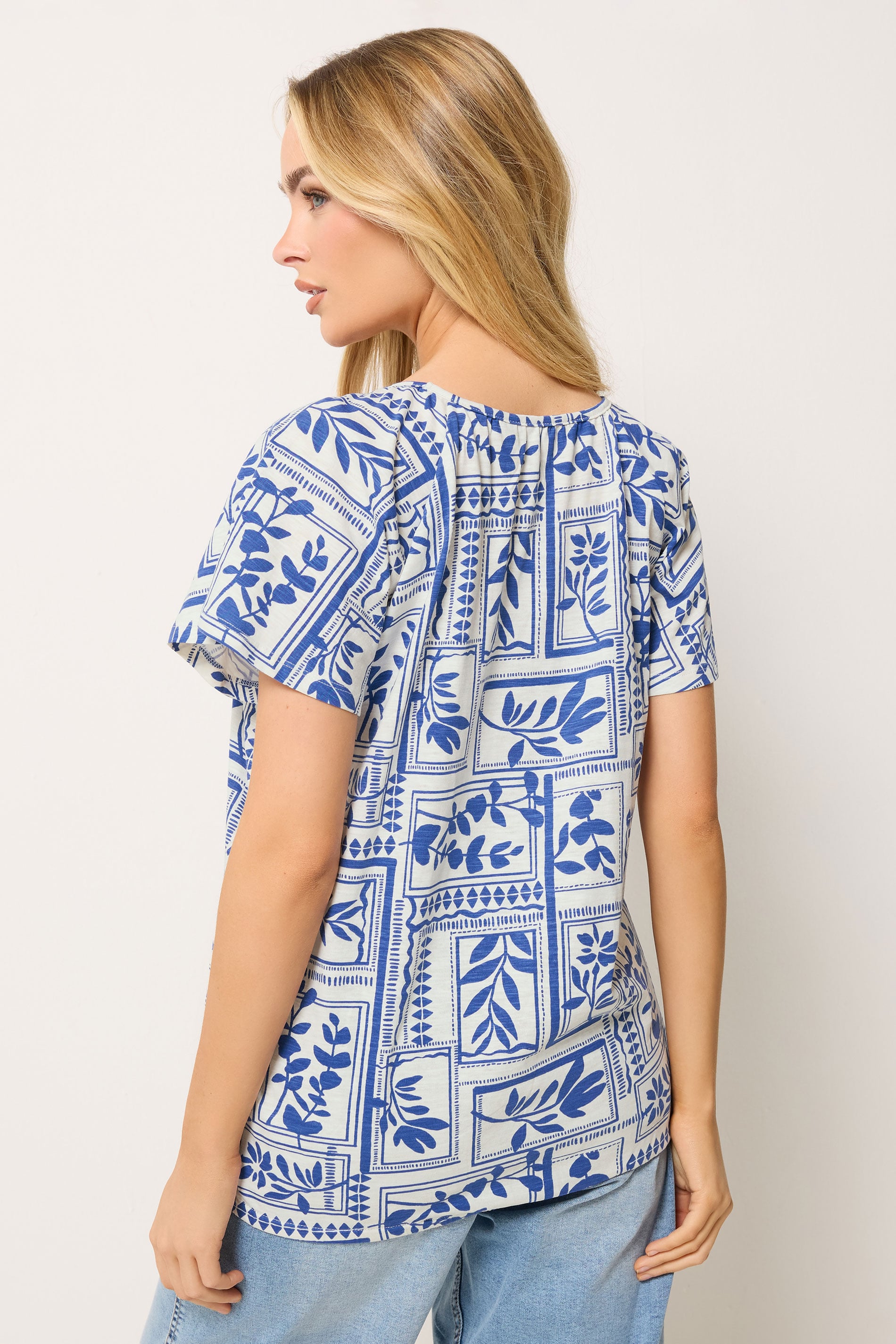 M&Co White & Blue Abstract Print Cotton Scoop Neck Top | M&Co 2