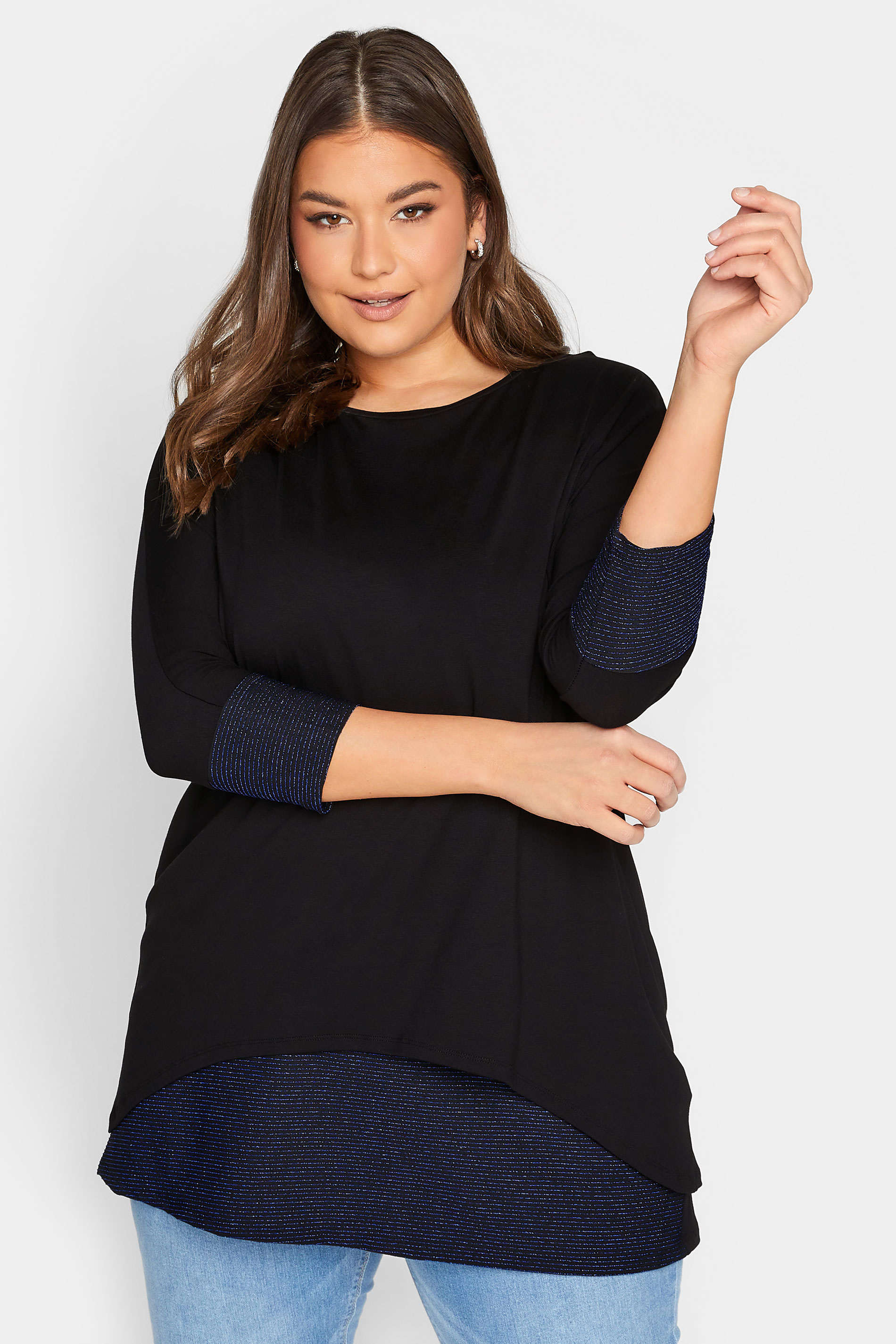 YOURS Curve Plus Size Black & Navy Blue Glitter Soft Touch Layered Blouse | Yours Clothing  1