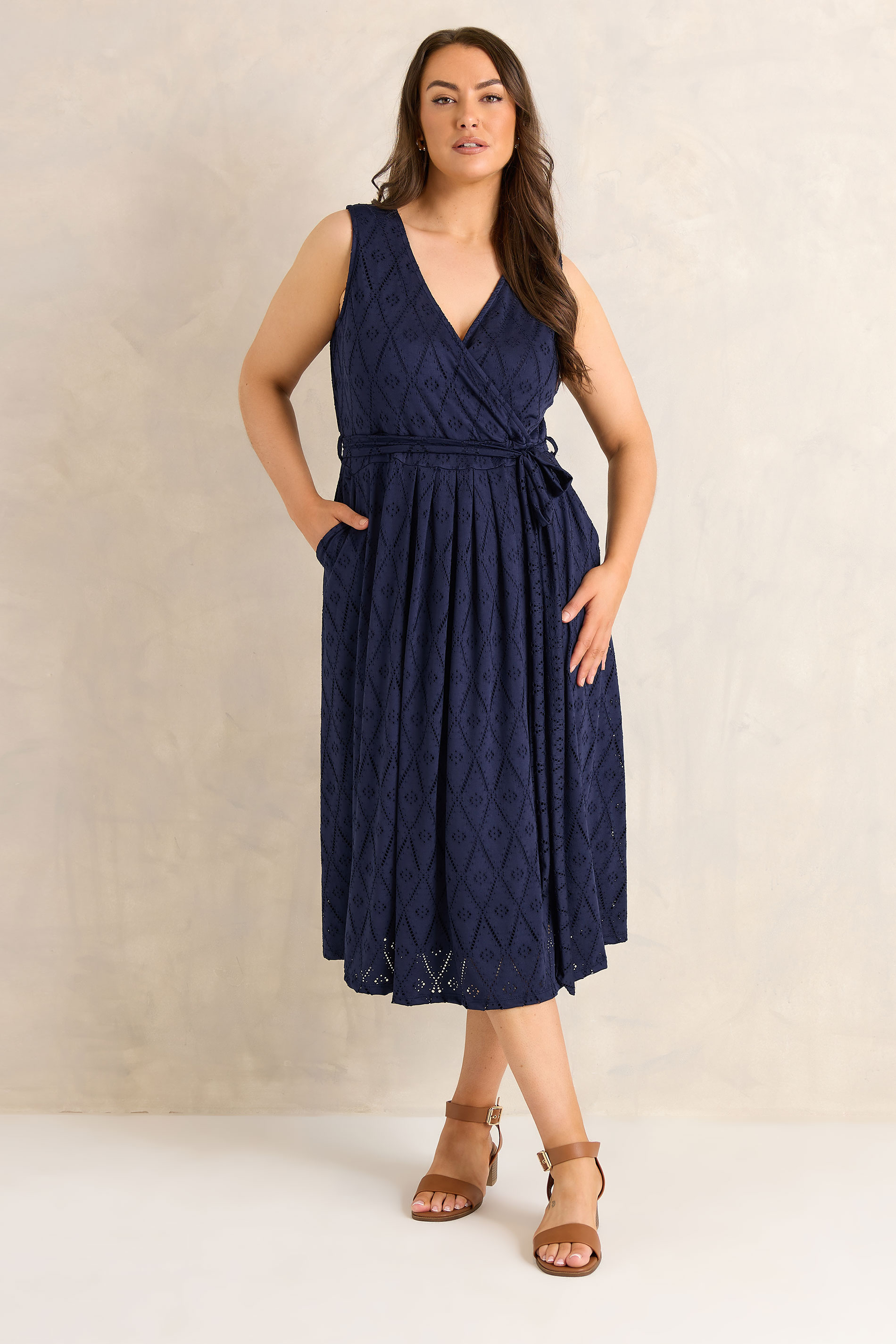EVANS Plus Size Navy Blue Broderie Wrap Midi Dress | Evans 1