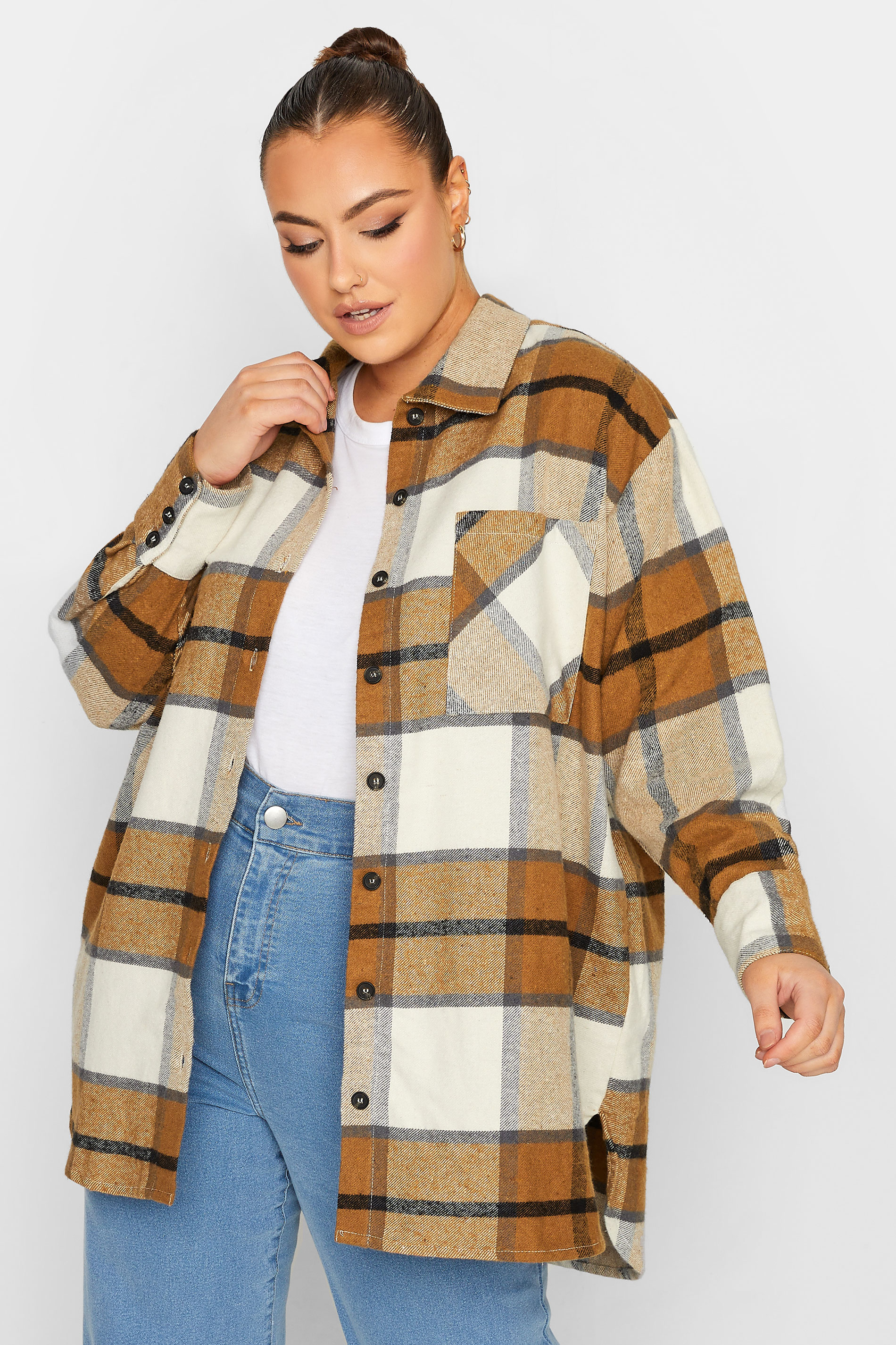 LIMITED COLLECTION Plus Size Beige Brown Check Print Shacket | Yours Clothing 1