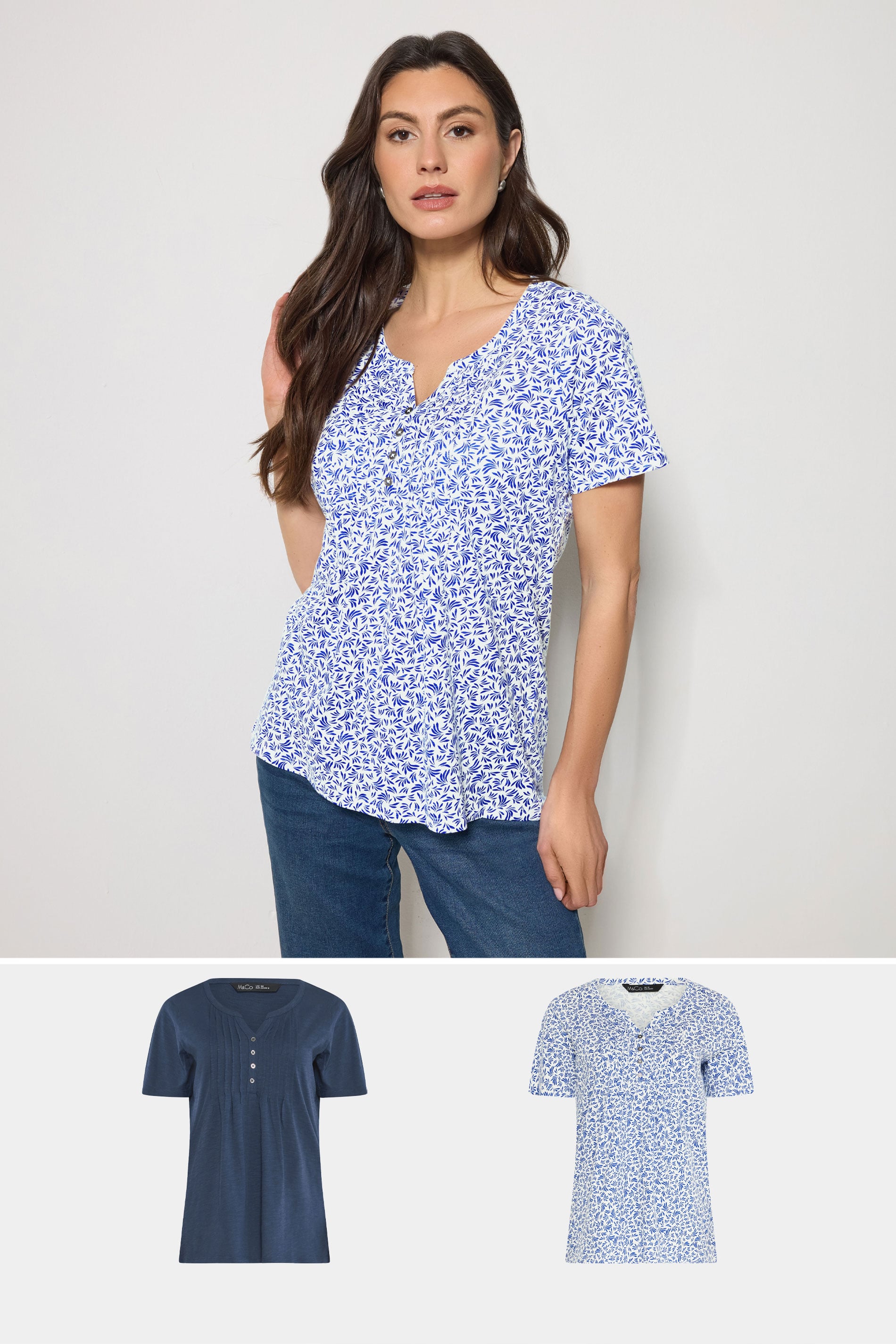 M&Co 2 PACK Navy Blue & White Floral Cotton Henley Tops | M&Co 3