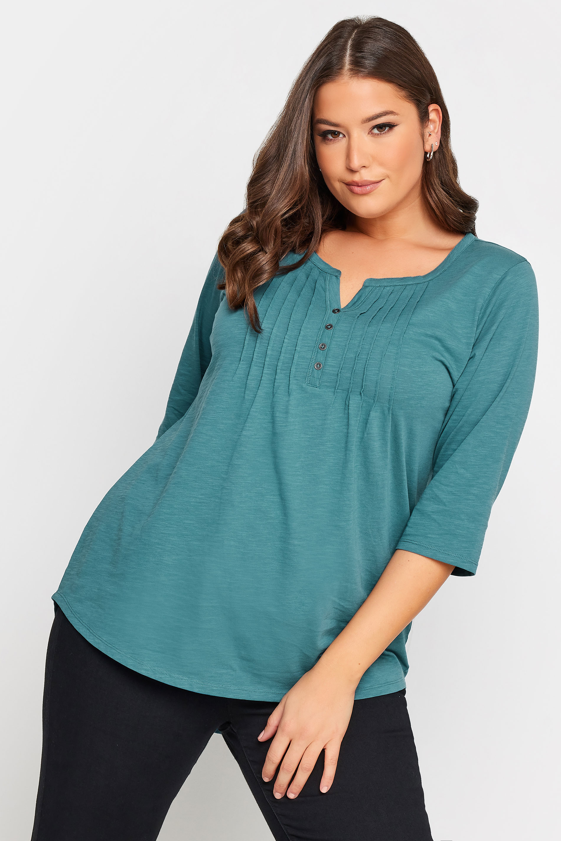 YOURS Plus Size Teal Blue Pintuck Henley T-Shirt | Yours Clothing 1
