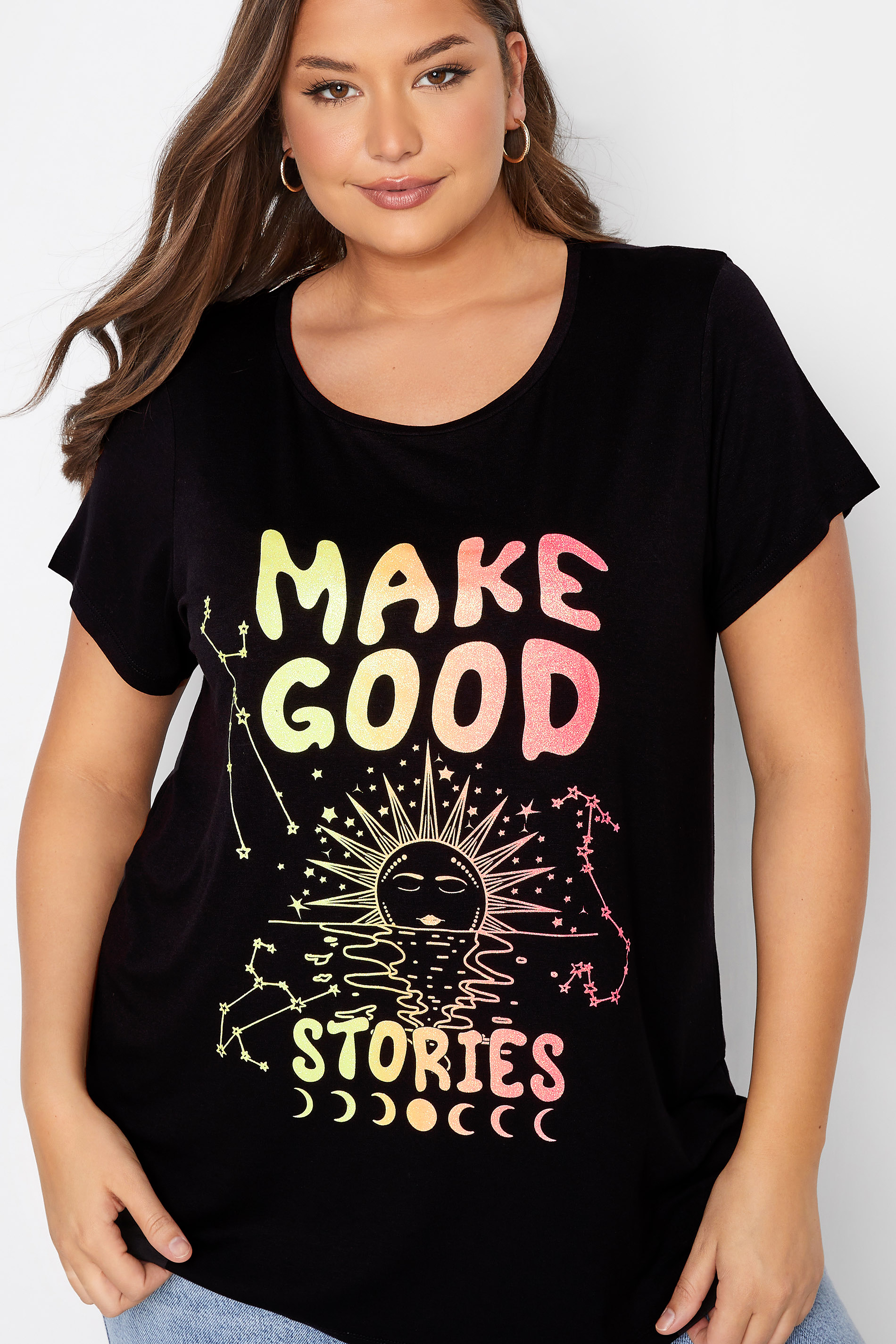 Grande taille  Tops Grande taille  T-Shirts | T-Shirt Noir en Jersey Slogan'Make Good Stories' - EB47578