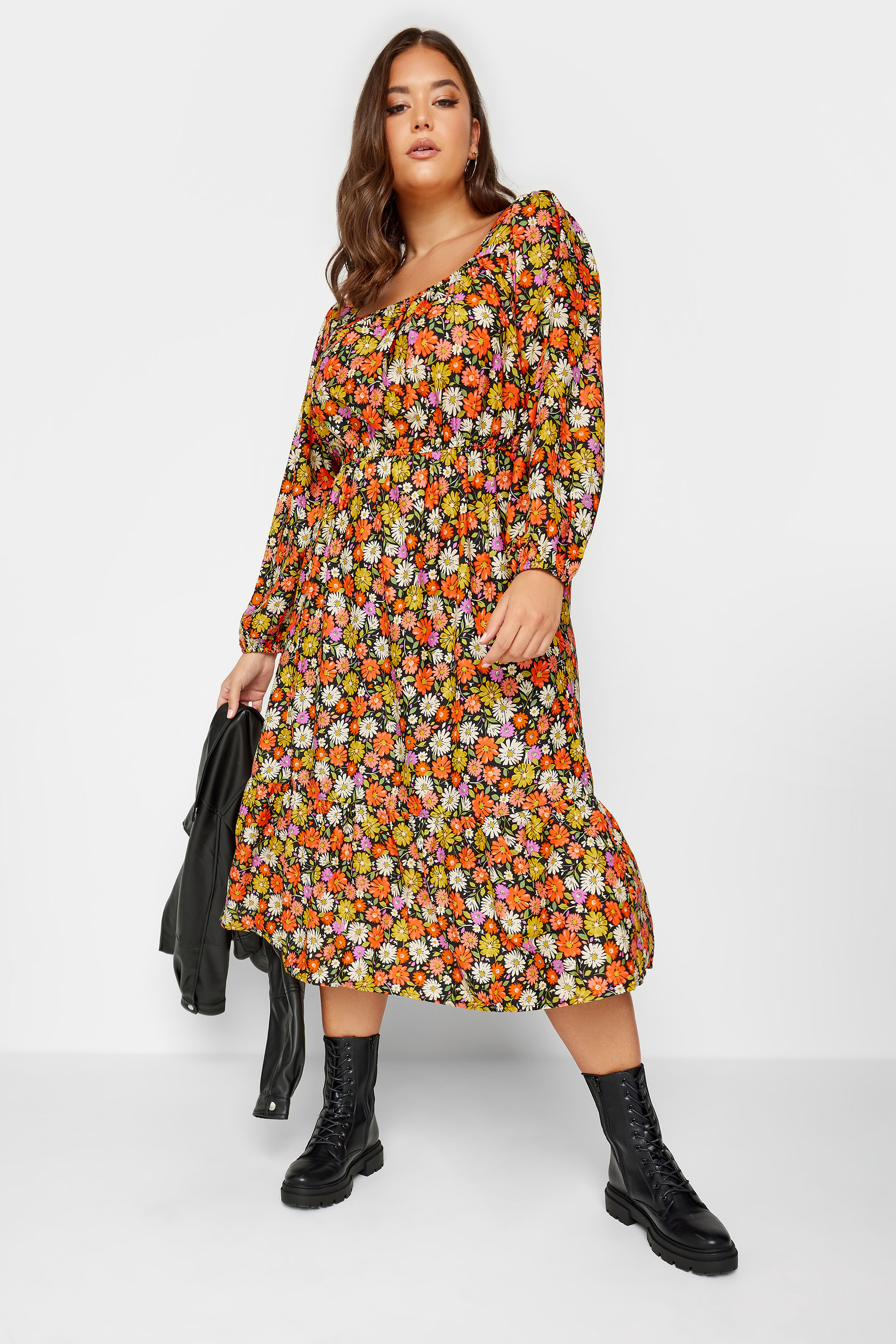 Plus Size Black & Orange Floral Print Balloon Sleeve Midaxi Dress | Yours Clothing 1
