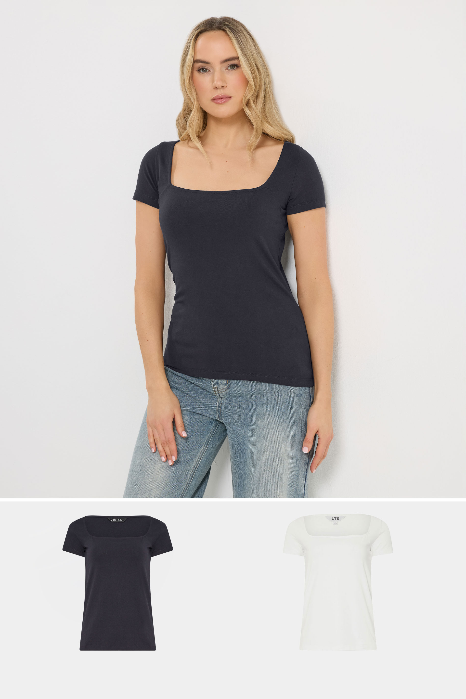 LTS Tall 2 PACK Navy Blue & White Fitted Square Neck Tops | Long Tall Sally 3