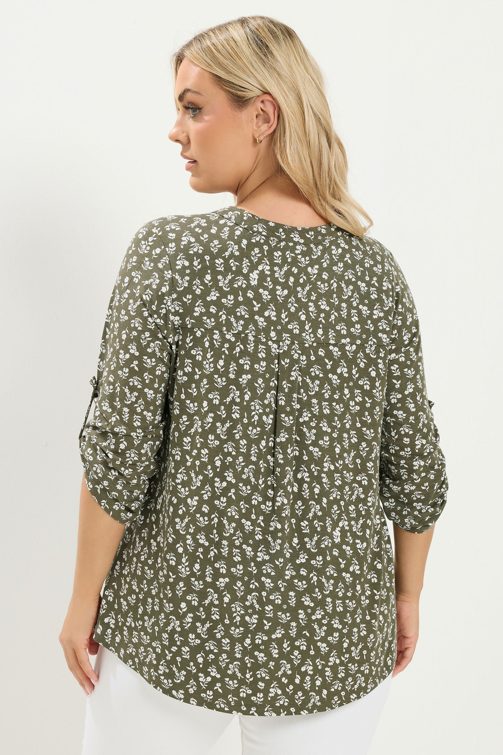 YOURS Plus Size Khaki Green Ditsy Floral Top | Yours Clothing 2