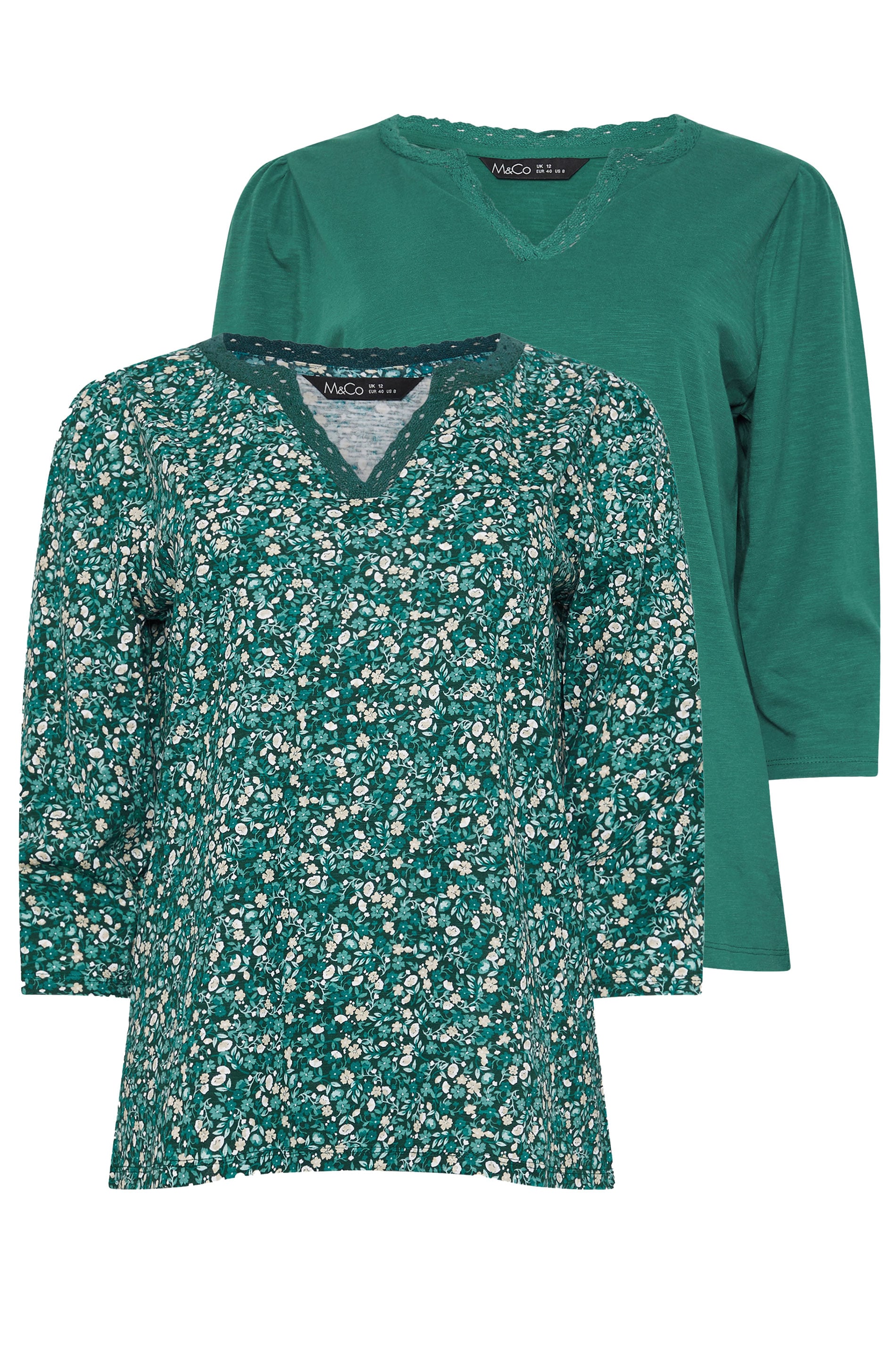 M&Co 2 PACK Teal Blue Floral Print & Plain Lace Trim Cotton T-Shirts | M&Co 7