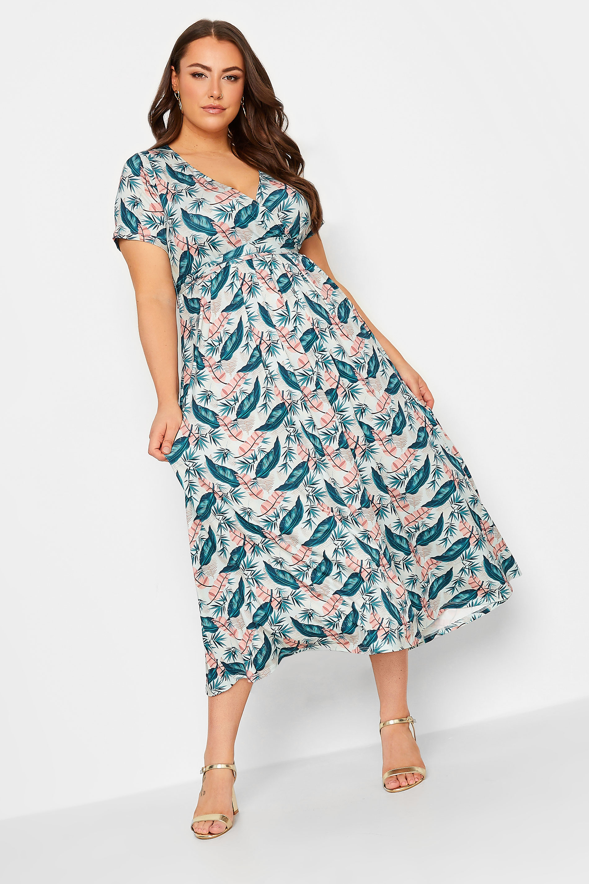 YOURS Curve Blue Leaf Print Maxi Wrap Dress | Yours Clothing  1