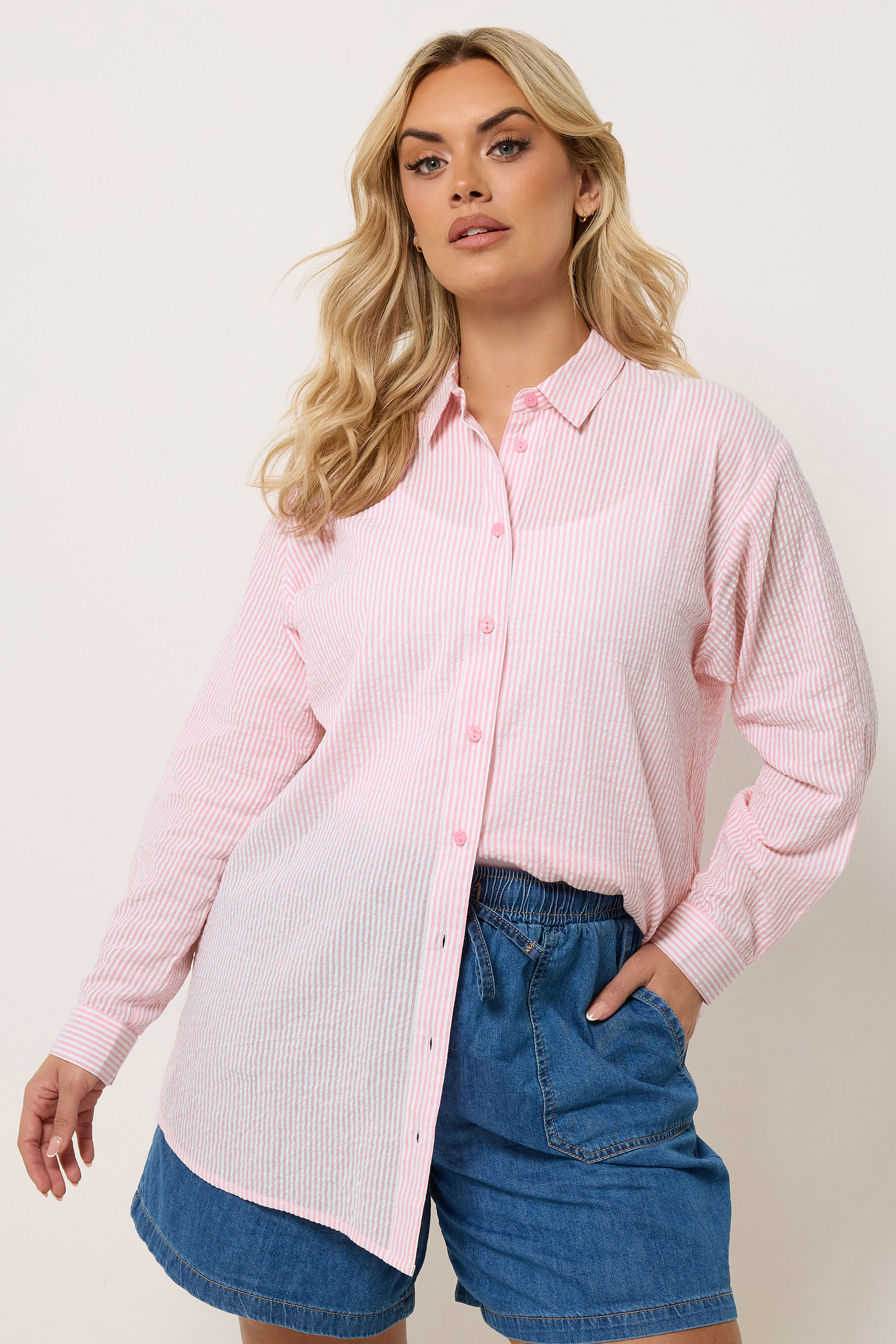 YOURS Plus Size Pink Stripe Textured Shirt | Yours Clothing 1