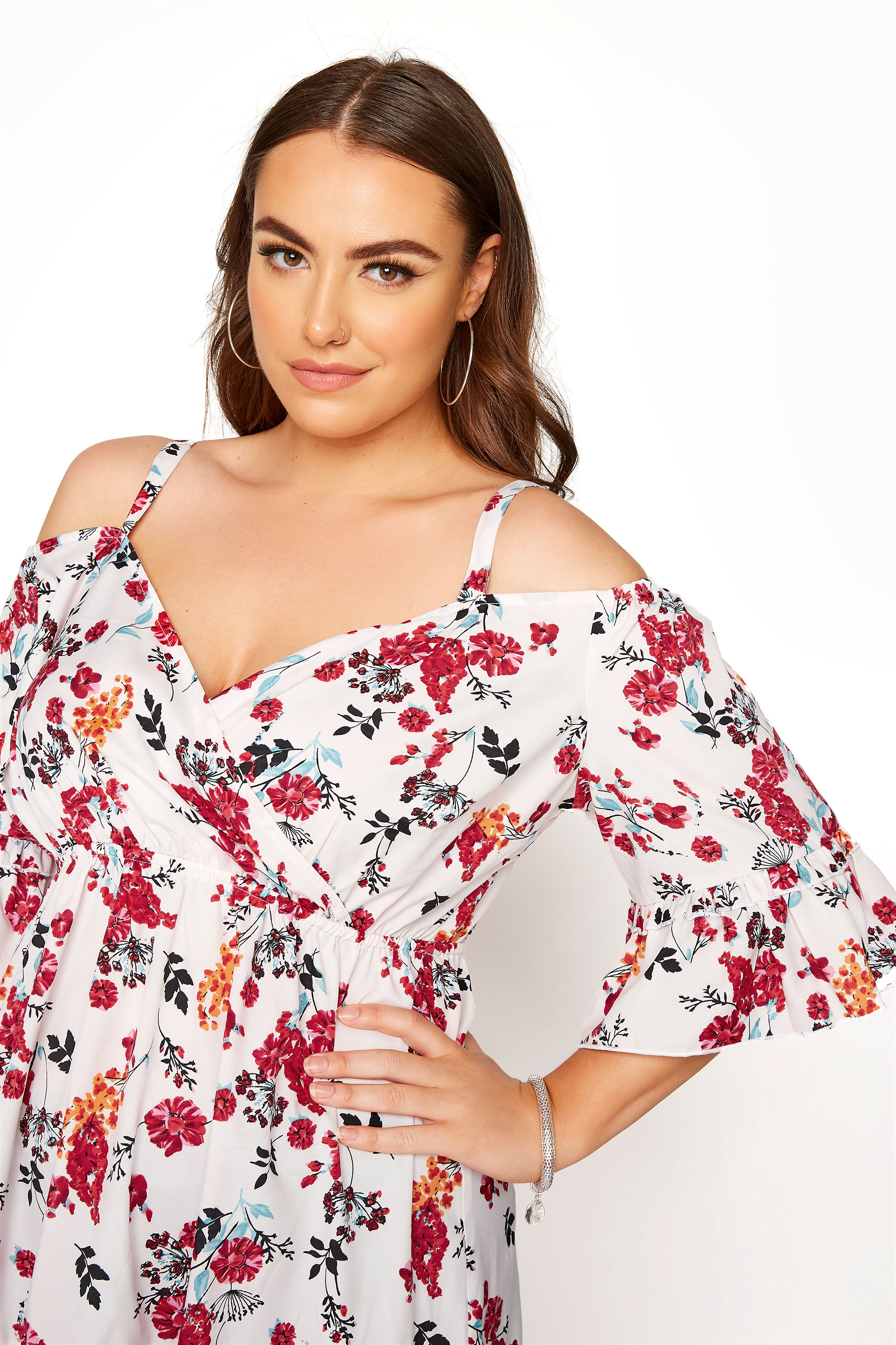 White Floral Cold Shoulder Frill Top | Yours Clothing
