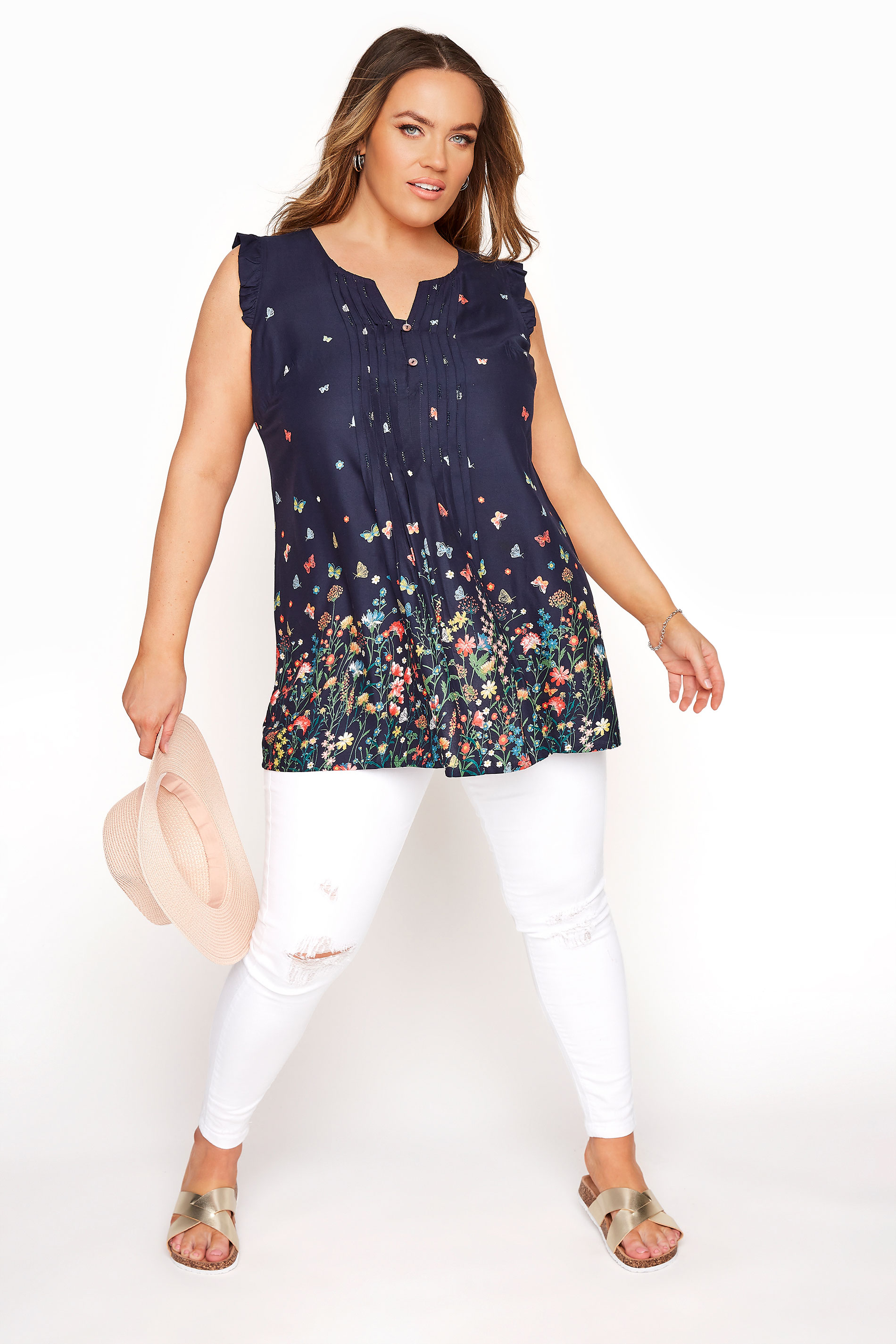 Navy Blue Floral Sleeveless Blouse | Yours Clothing 2