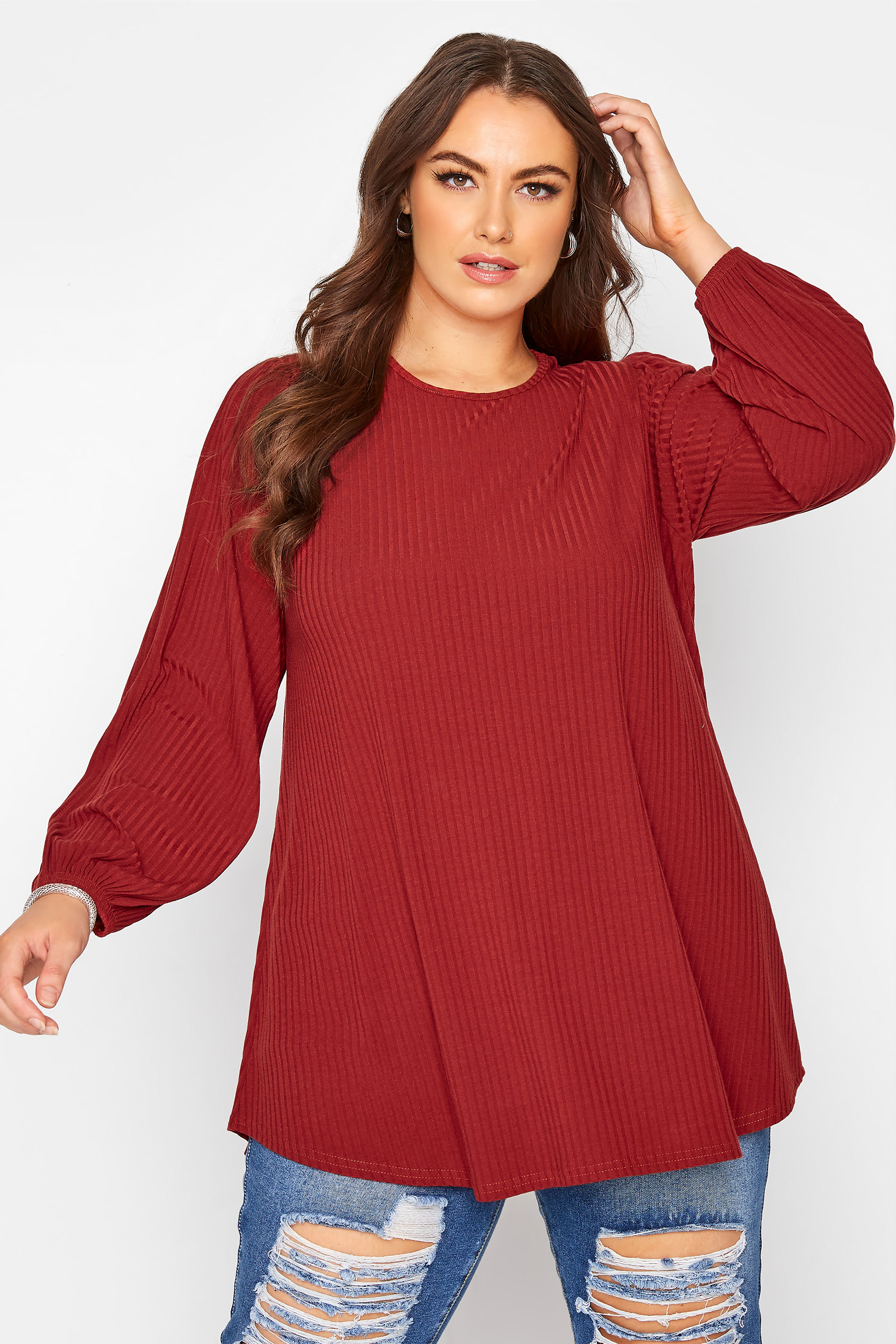 Plus Size LIMITED COLLECTION Red Balloon Sleeve Ribbed Top | Yours Clothing 1