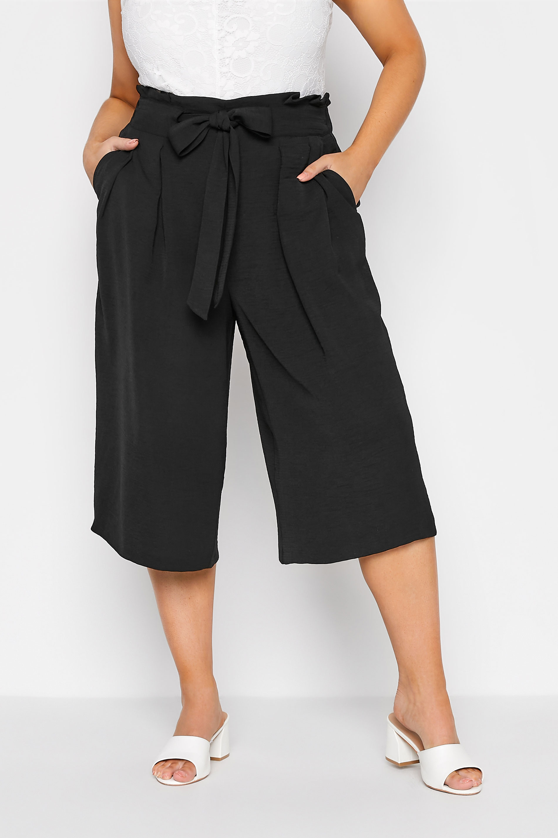 Plus Size Black Paperbag Twill Culottes | Yours Clothing  1