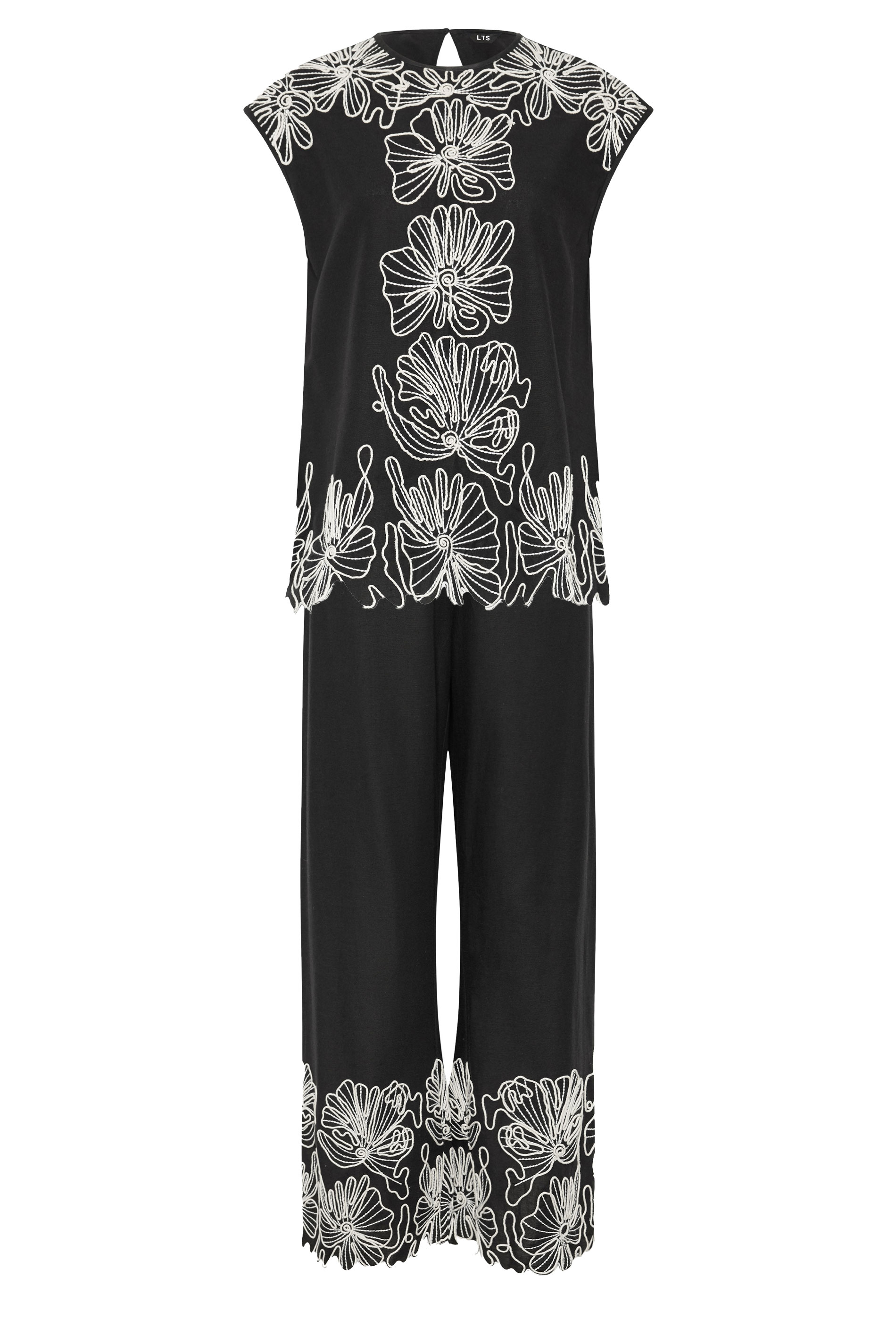LTS Tall Women's Set Black Floral Embroidered Linen Top & Trousers Set | Long Tall Sally  8
