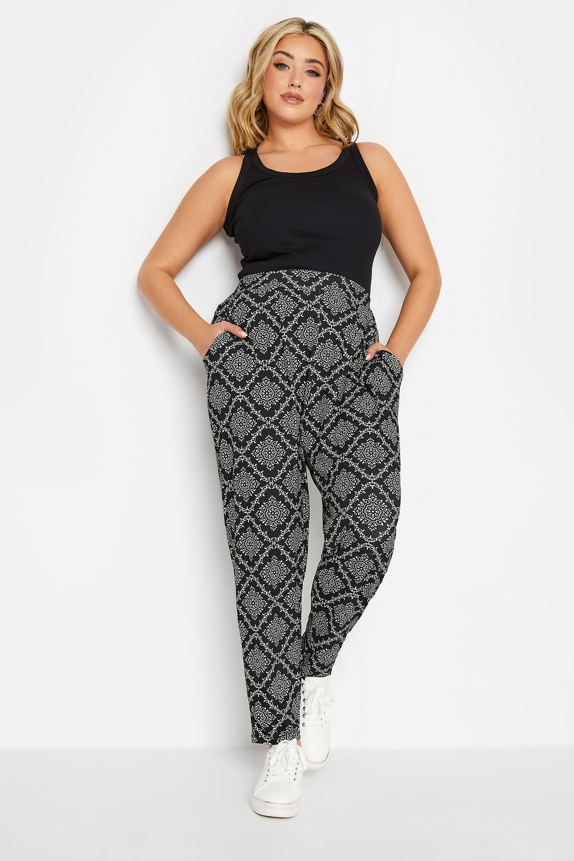 YOURS Plus Size Black Tile Print Double Pleat Harem Trousers | Yours Clothing 2