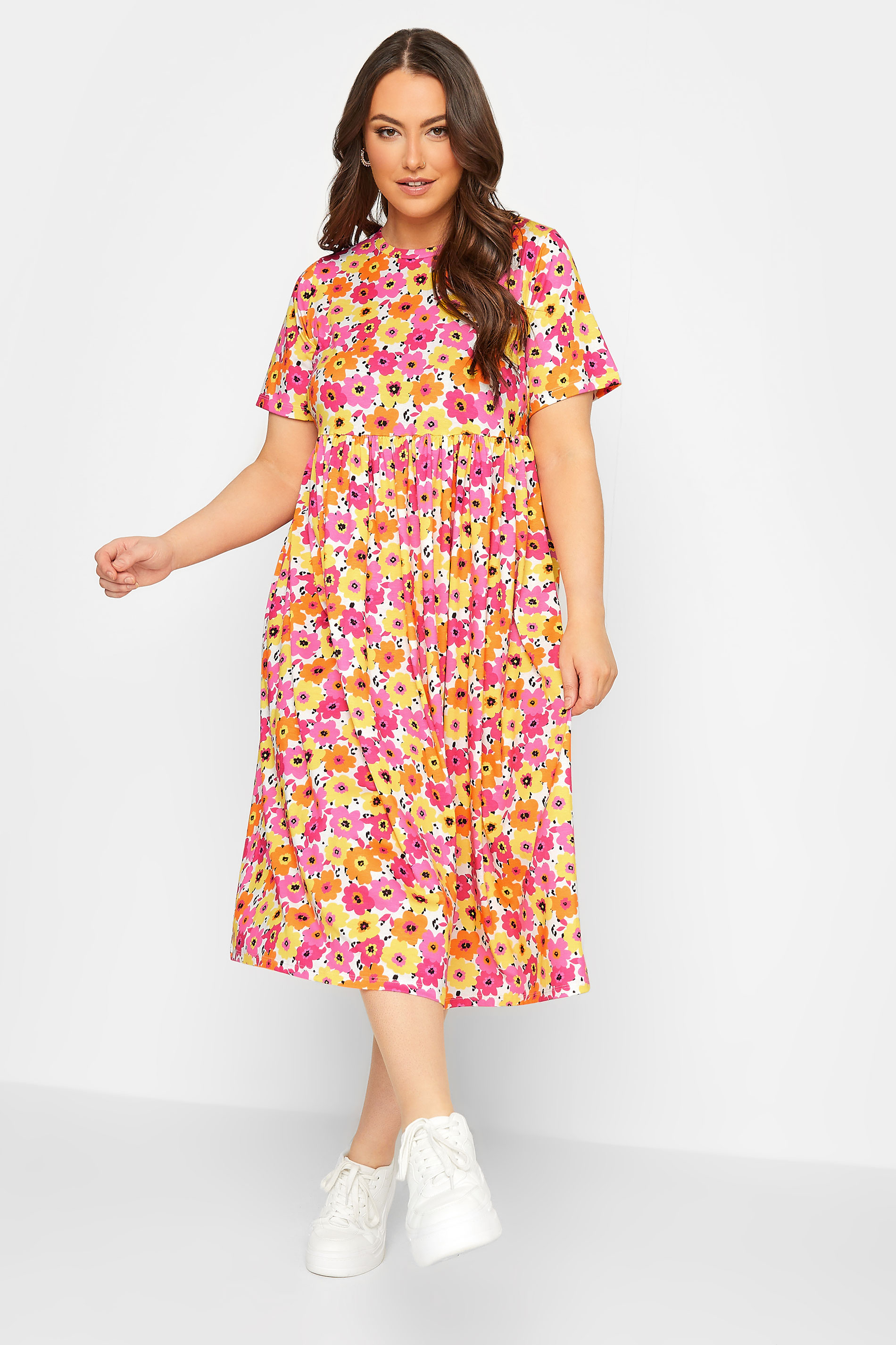 YOURS Plus Size Pink & Yellow Floral Midi Smock Dress | Yours Clothing 3