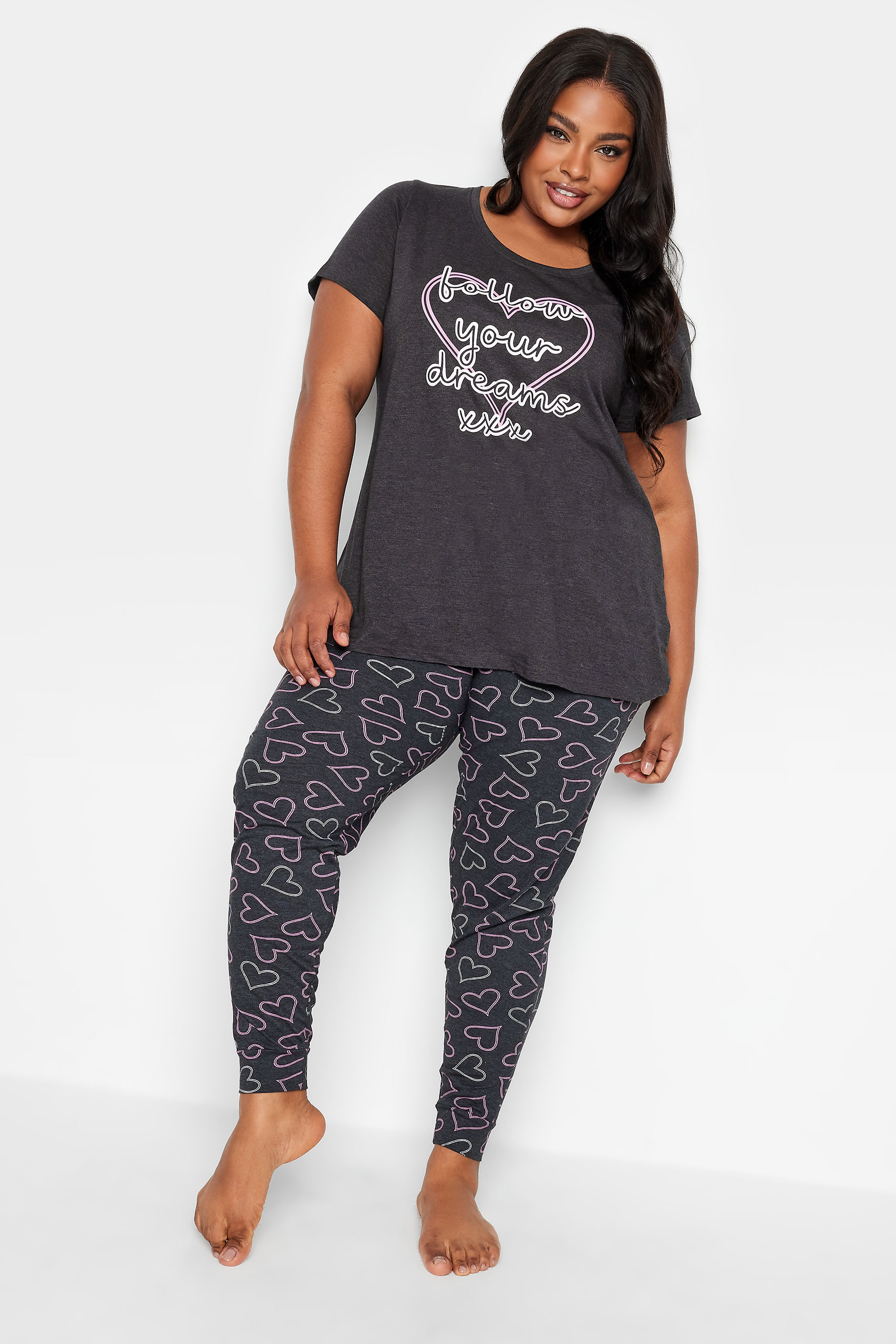 YOURS Plus Size Grey 'Follow Your Dreams' Heart Print Pyjama Set | Yours Clothing 1